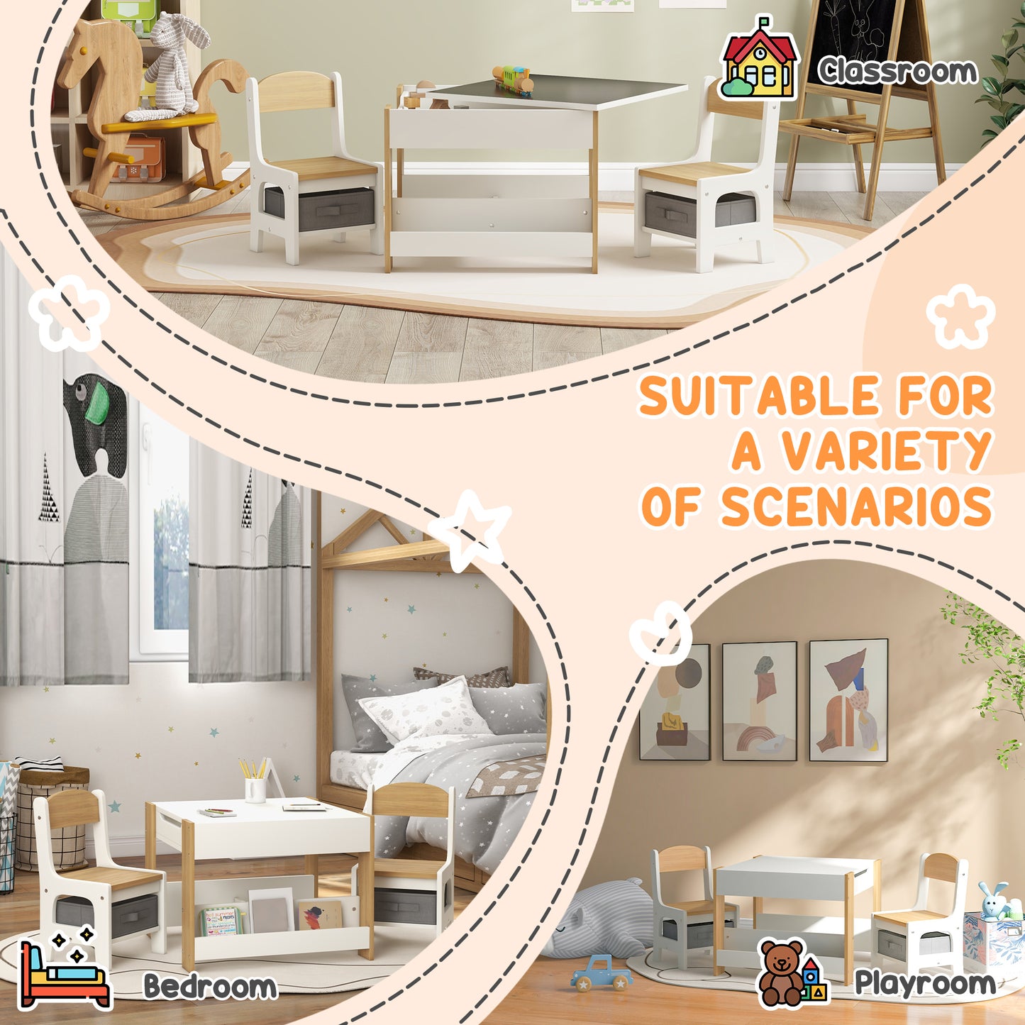 HOMCOM Three Piece Kids Table And Chair Set With Blackboard, Storage, And Bookshelves In Natural Wood