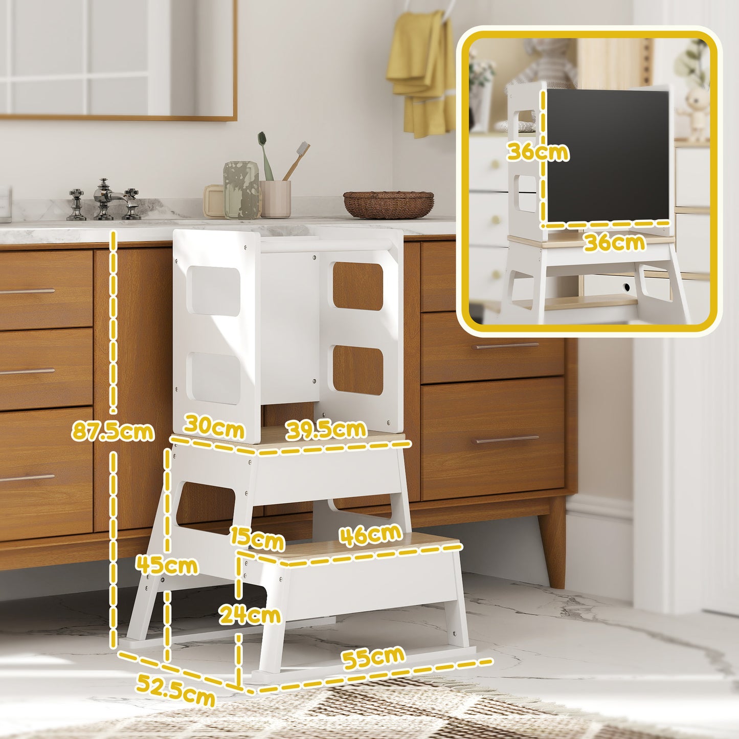 AIYAPLAY 2 In 1 Toddler Tower With Chalkboard Safety Rail For Kitchen Counter Bathroom Sink White
