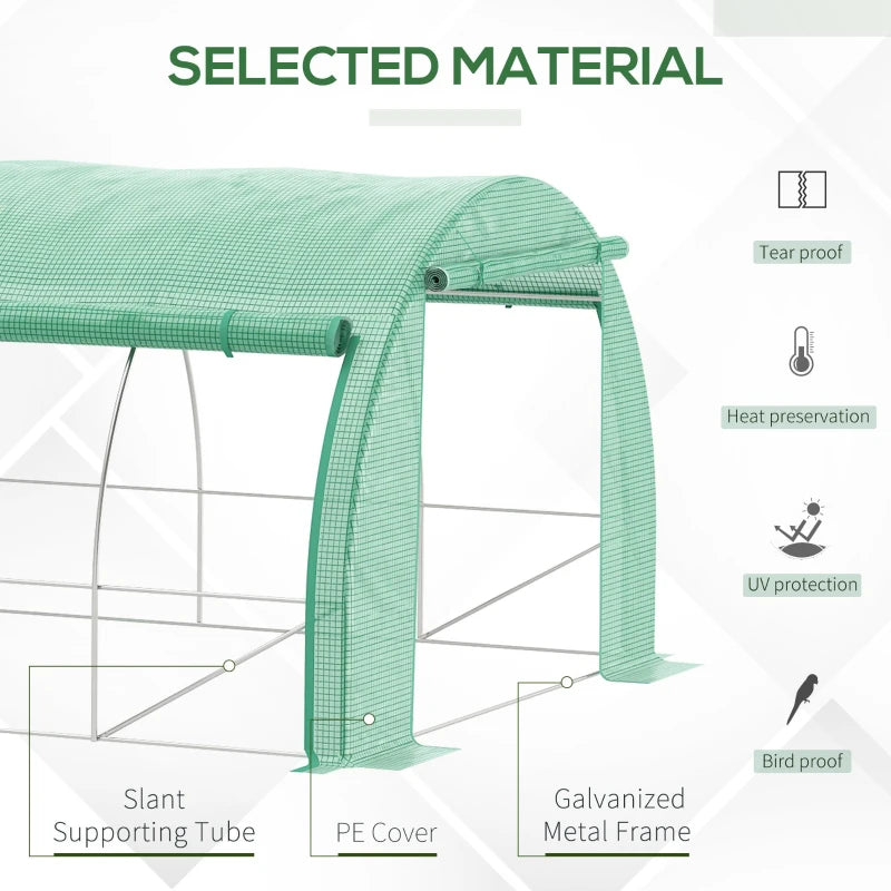 Outsunny Polytunnel Greenhouse 6x3x2m Walk-in Grow House Tent with Roll-up Sidewalls, Zipped Door, 12 Windows - Green - ALL4U RETAILER LTD