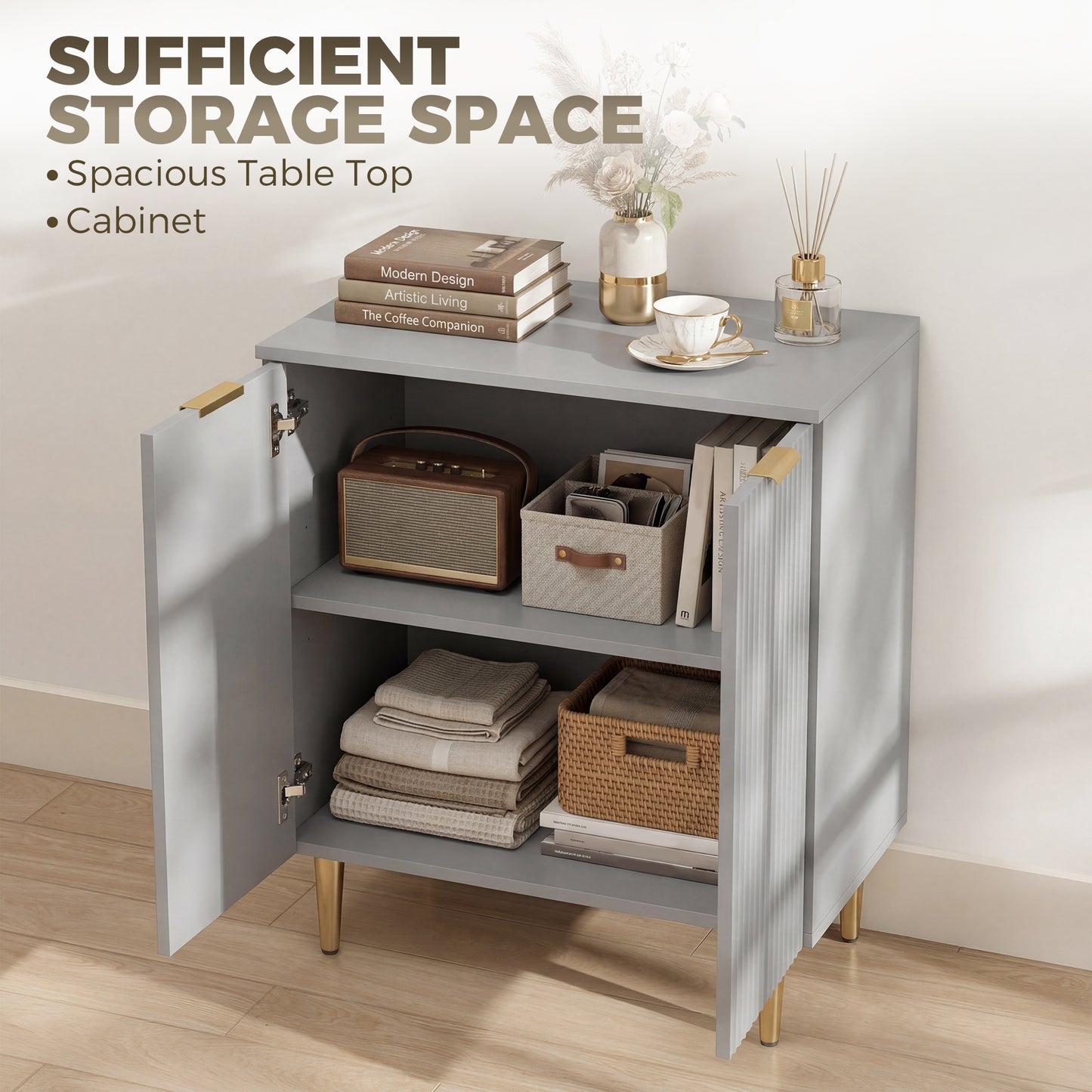 HOMCOM Sideboard Buffet Cabinet Modern Kitchen Storage With Adjustable Shelf And Metal Legs Grey