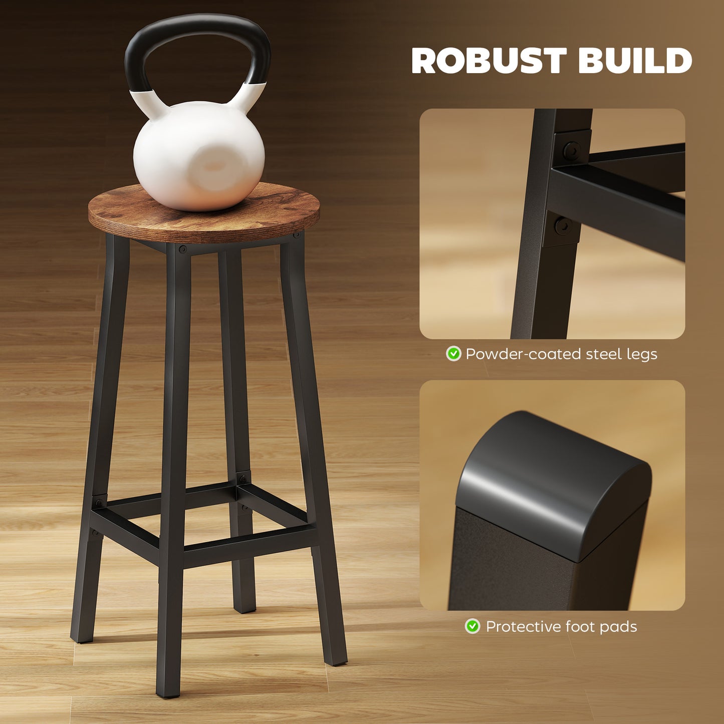HOMCOM Breakfast Bar Stools Set of 2 with Footrest Industrial Round Rustic Brown 32 x 32 x 65 cm
