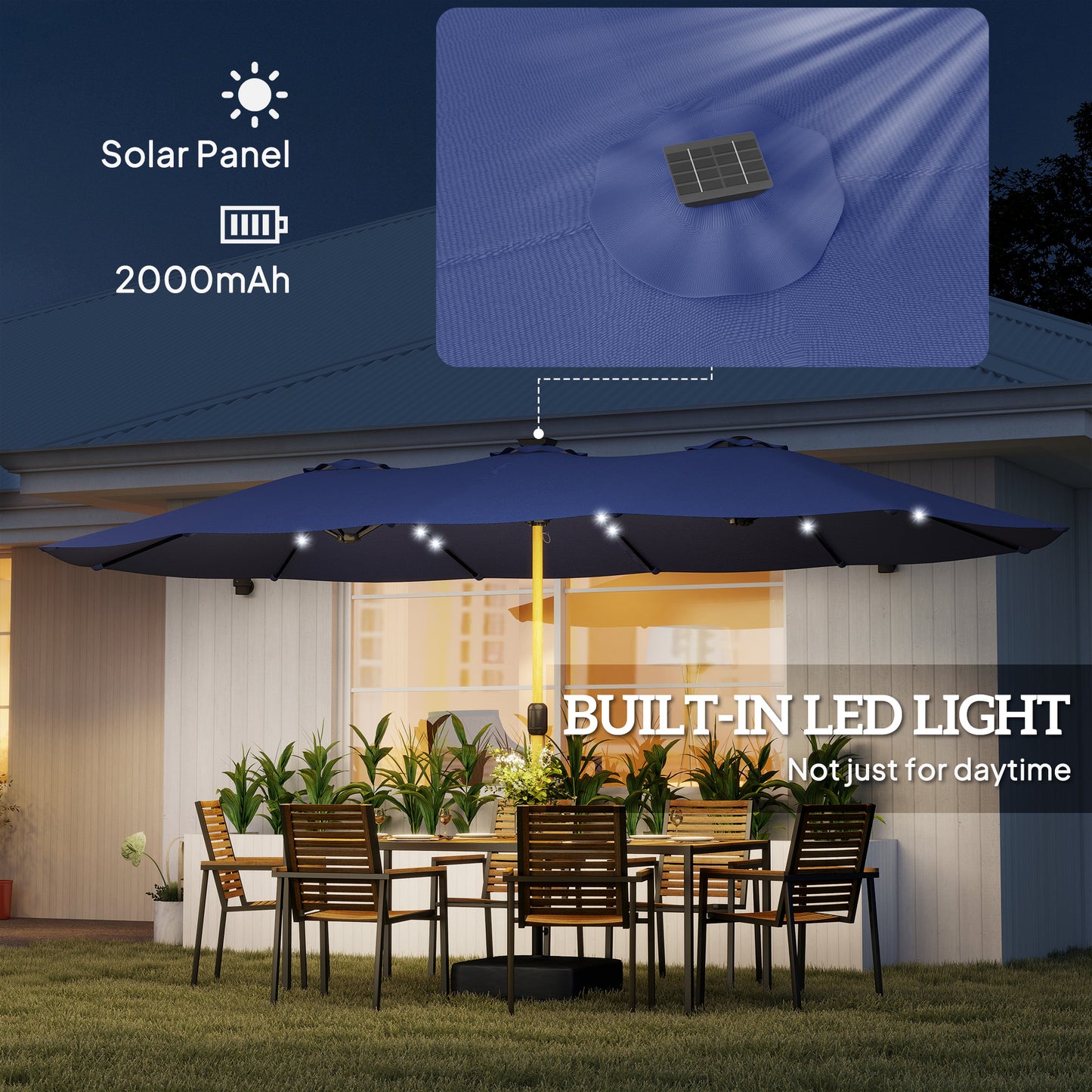 Outsunny Double Sided Garden Parasol With Base Included 48 Solar LED Lights Patio Umbrella Crank Handle 4.6m Dark Blue