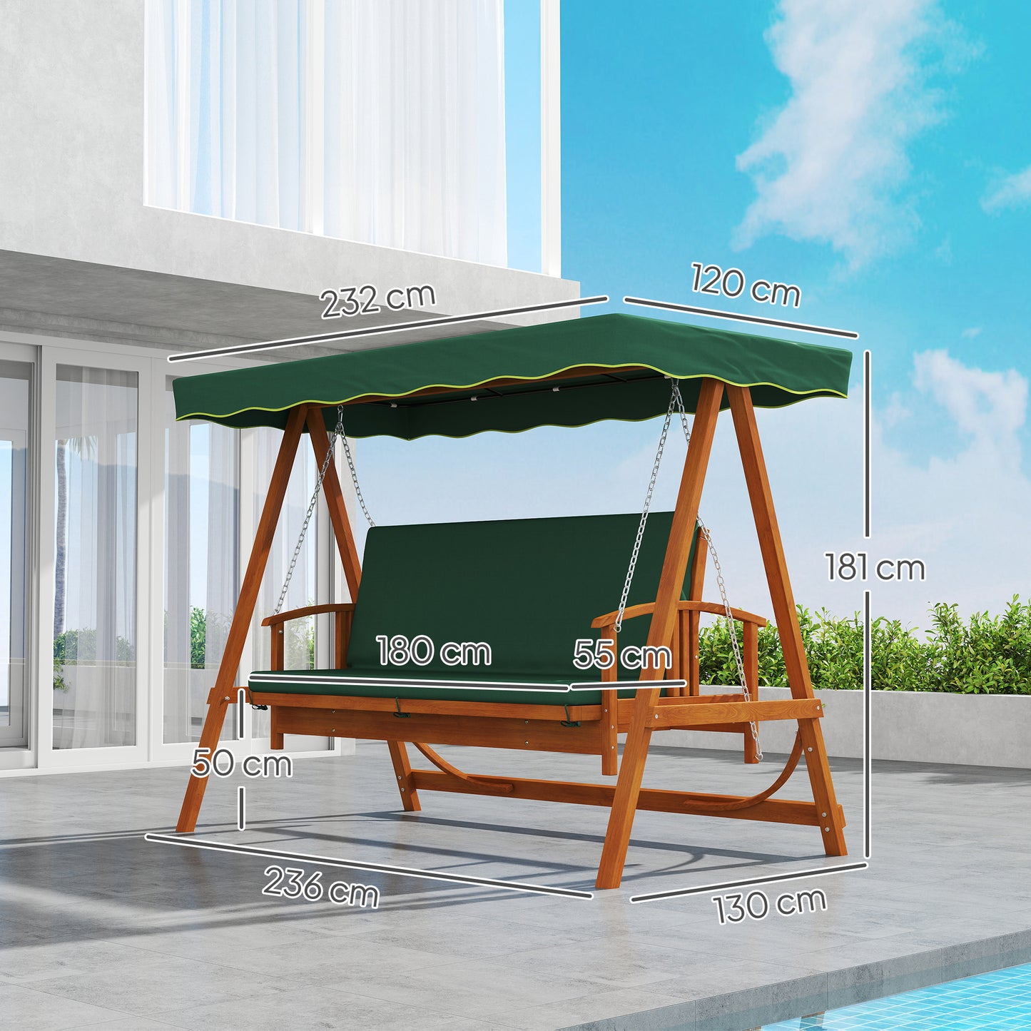 Outsunny 3 Seater 2 In 1 Wooden Garden Swing Seat Outdoor Convertible Hammock Bench Lounger Bed Dark Green