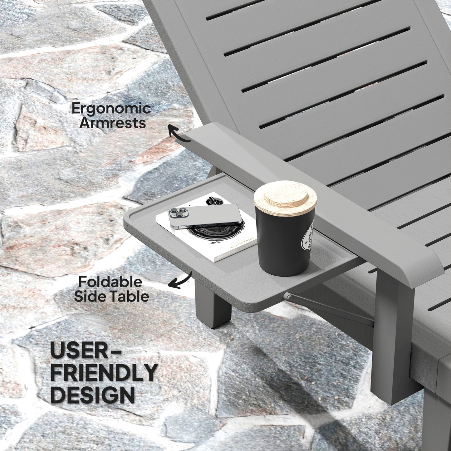 Outsunny 2 Pack Resin Sun Loungers Garden Beach 5 Position Adjustable Wood Grain Surface Foldable Table Dark Grey