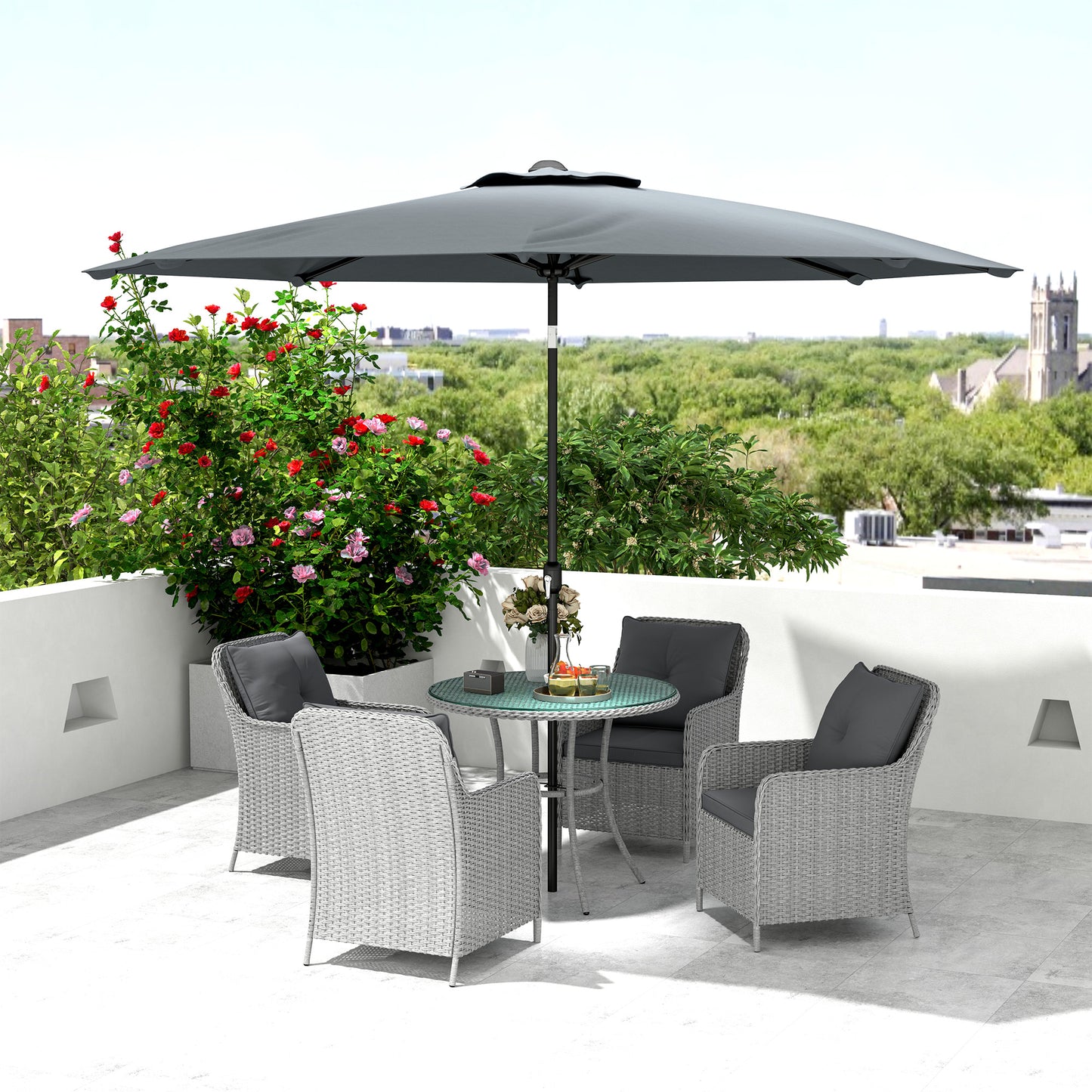 Outsunny 4 Seater Rattan Outdoor Dining Set With Round Table Parasol And Cushions Light Grey