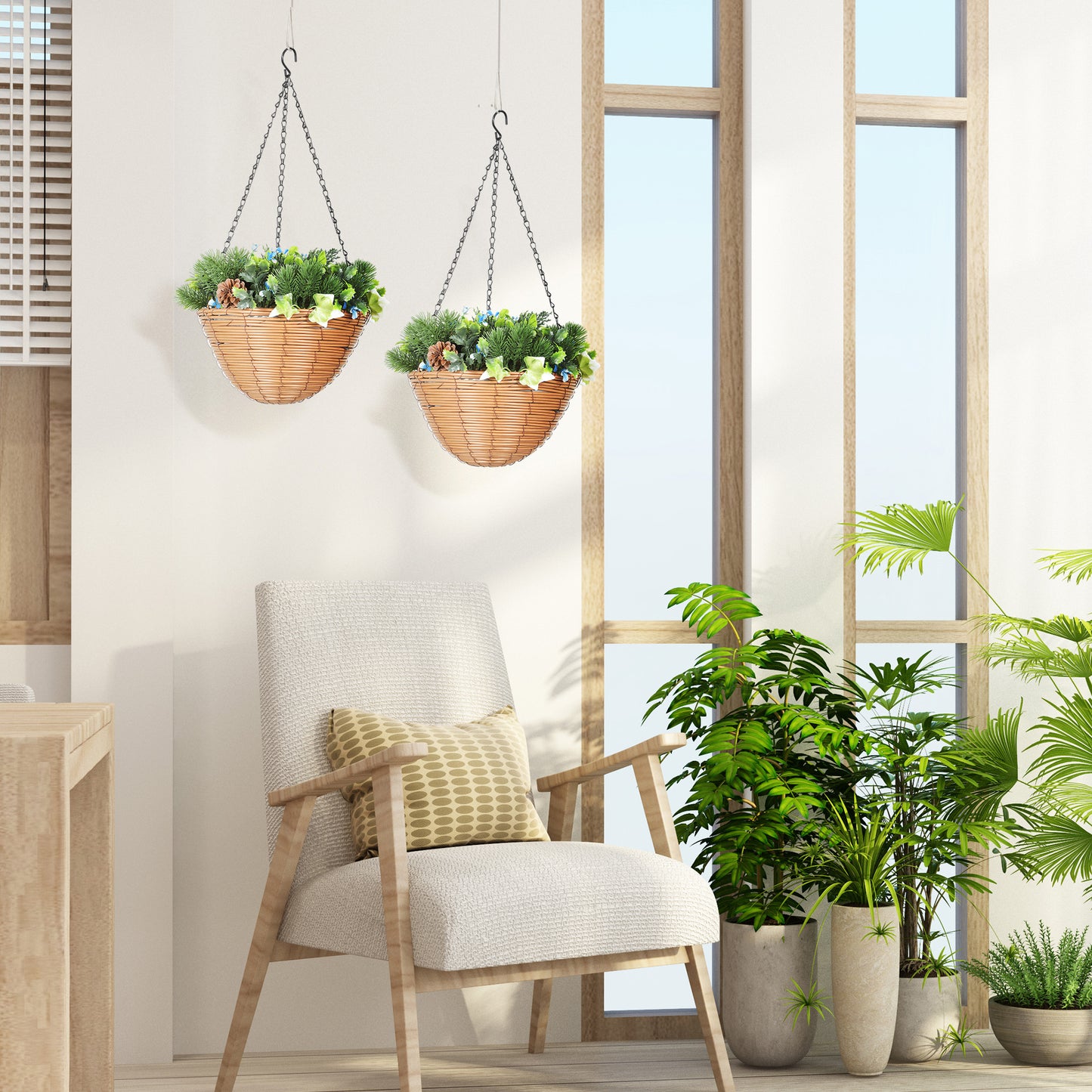 HOMCOM Pack of 2 Faux Lisianthus Flowers Hanging Planters with Basket PE Leaves 18 Flowers and 3 Pinecones