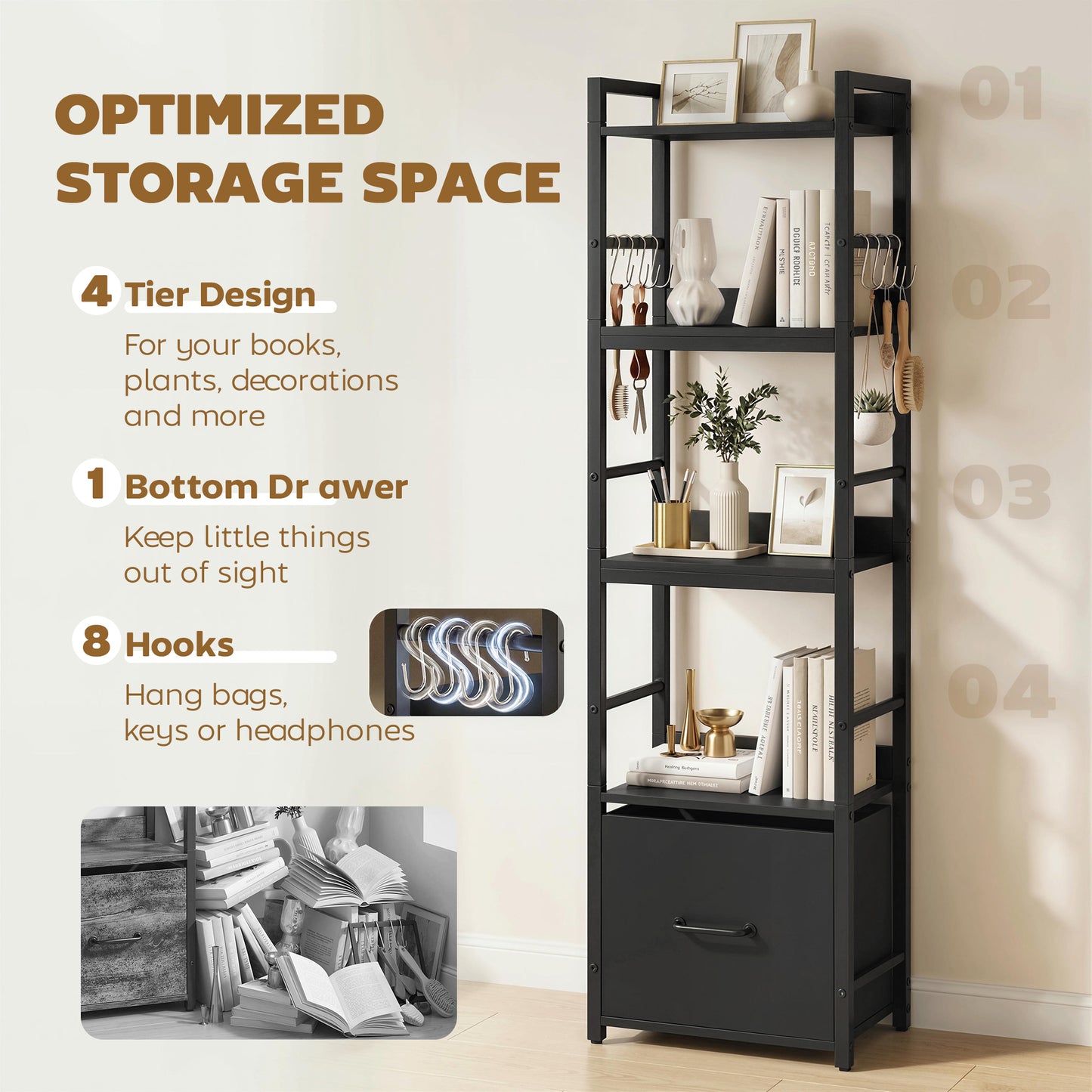 HOMCOM 4 Tier Narrow Bookshelf With Drawer And 8 Hooks Metal Frame Black Storage Display Shelving For Small Spaces