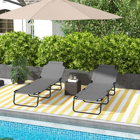 Outsunny Set of 2 Adjustable Grey Patio Sun Loungers with Weather-Resistant Fabric and Steel Frame - ALL4U RETAILER LTD