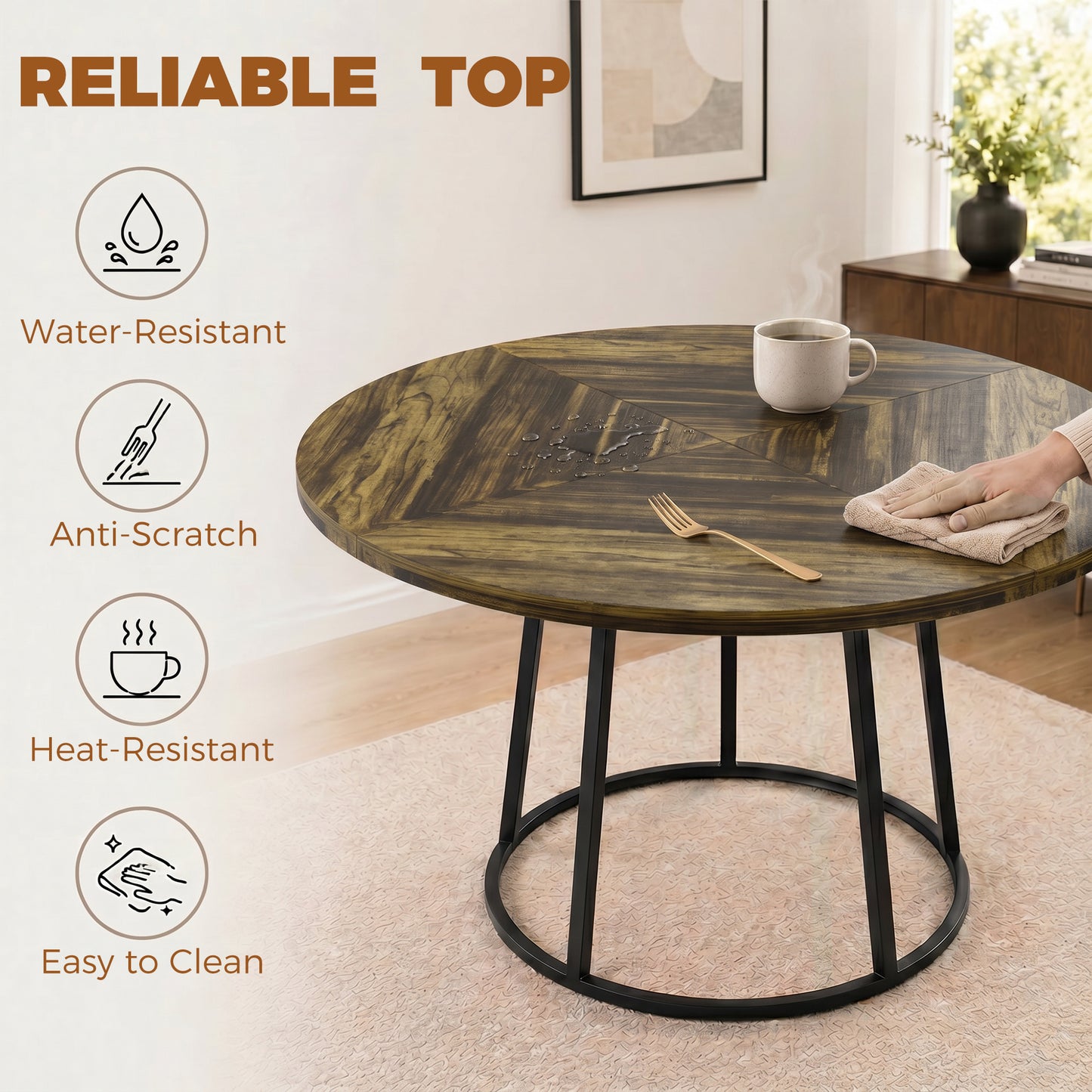 HOMCOM Round Dining Table 120 cm Space Saving Kitchen Table Conical Metal Base Rustic Brown