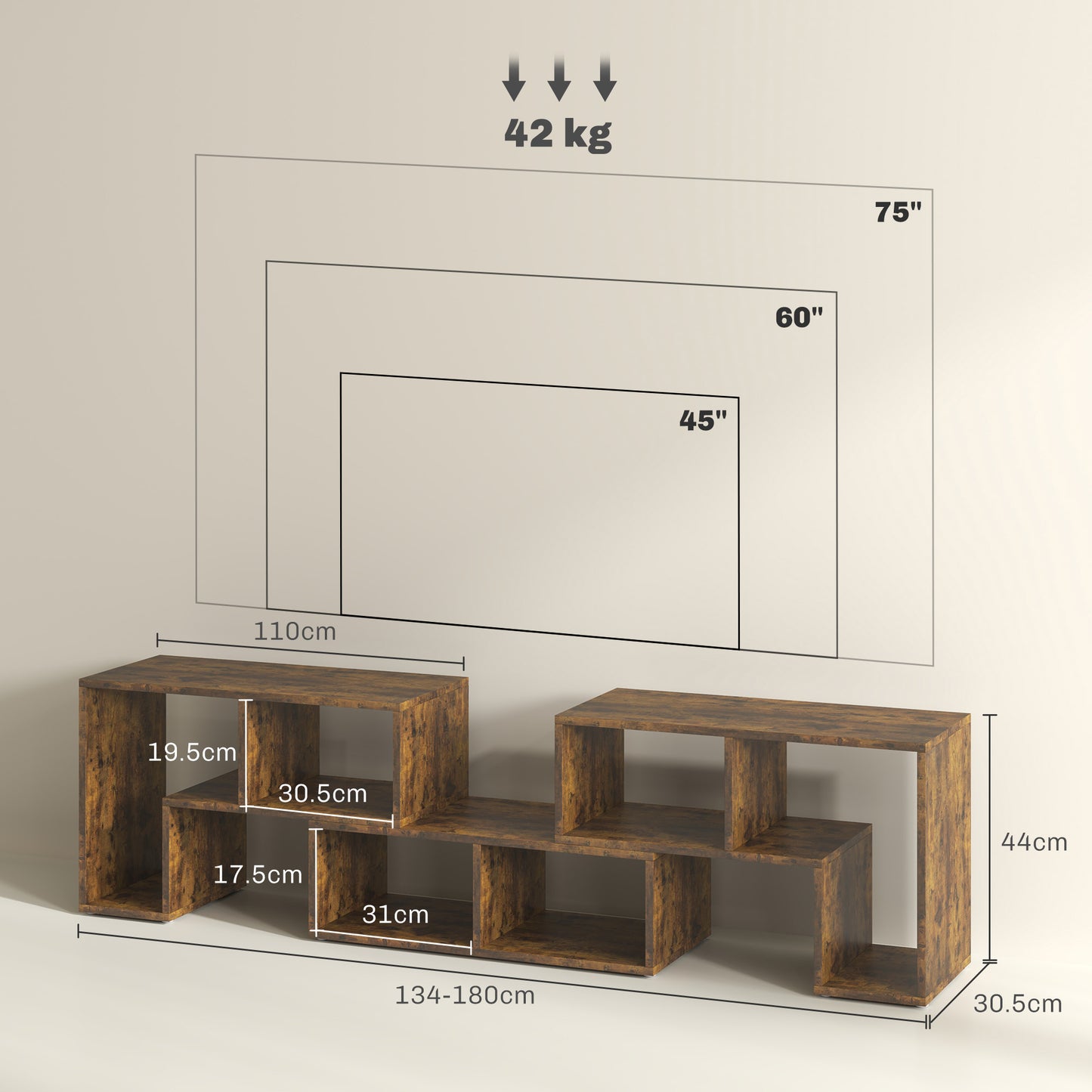 HOMCOM Three Block Modular TV Stand Rustic Brown With Two L Shaped And One Rectangular Block Six Shelves