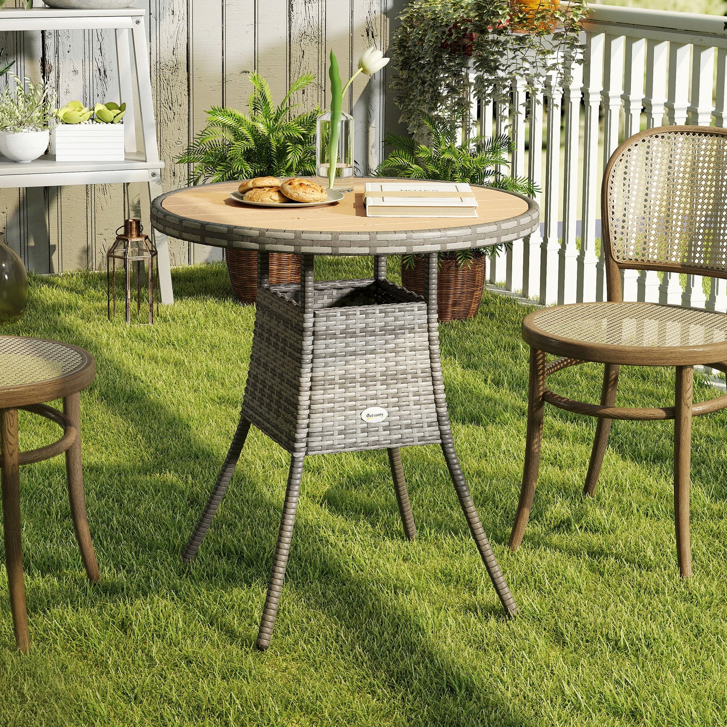 Outsunny 70 Cm Wood Effect Rattan Garden Table With Galvanised Steel Frame Natural Wood Finish