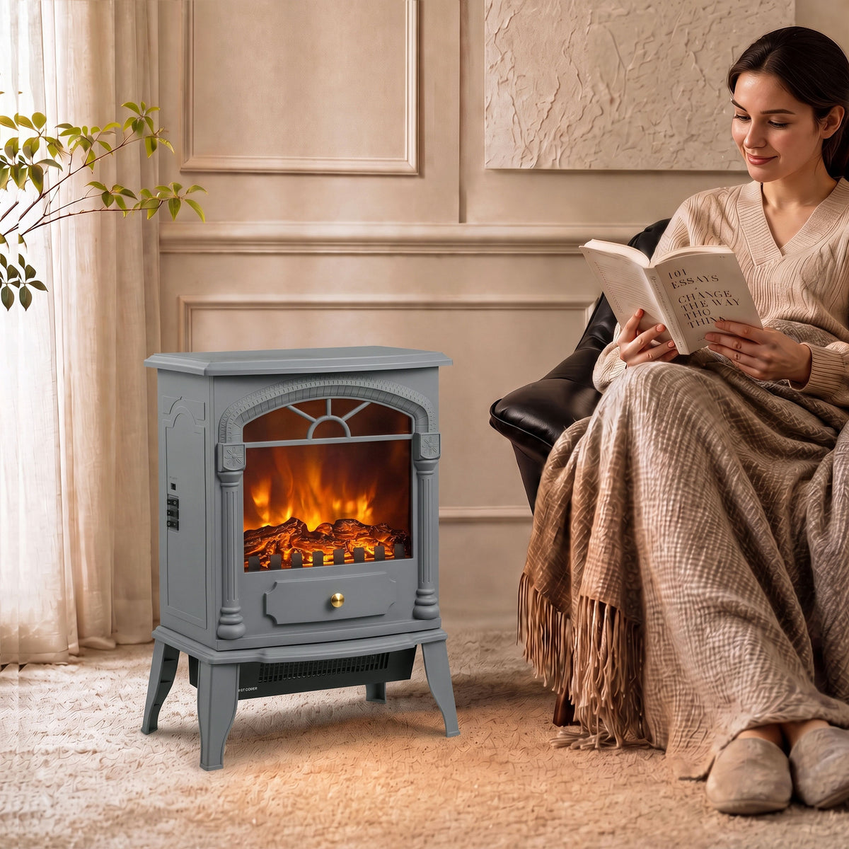 Homcom Electric Fireplace Heater With 3D Flame Effect Adjustable Thermostat Grey