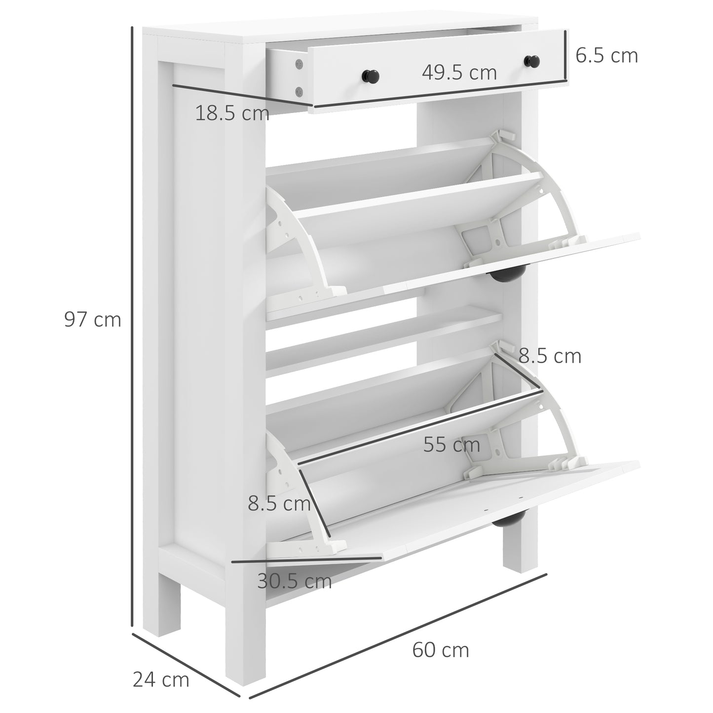 HOMCOM Narrow Shoe Cabinet With Two Flip Drawers And Adjustable Shelves White Slim Design