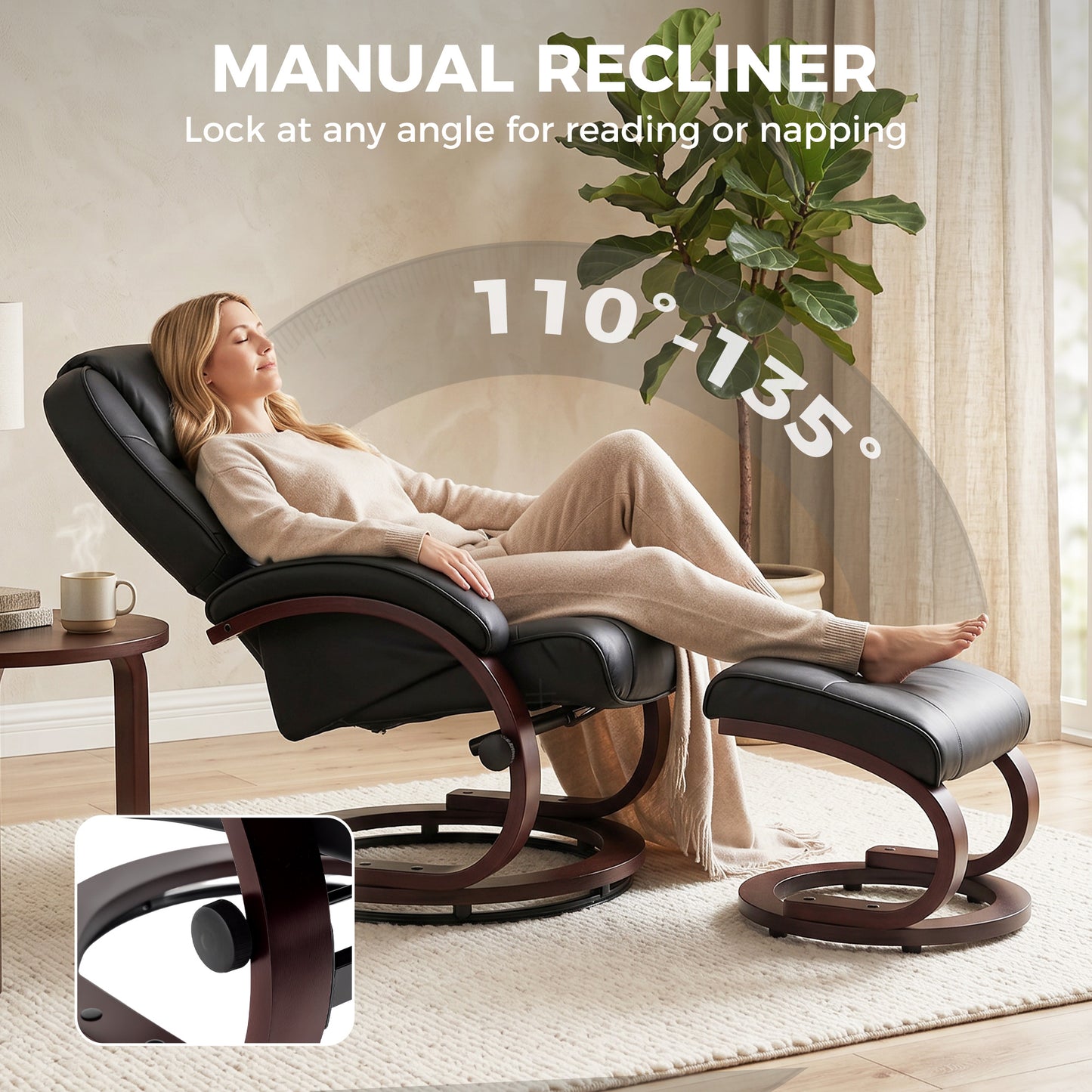 HOMCOM Swivel Recliner Chair With Footstool PU Leather Adjustable Back Wood Frame Black