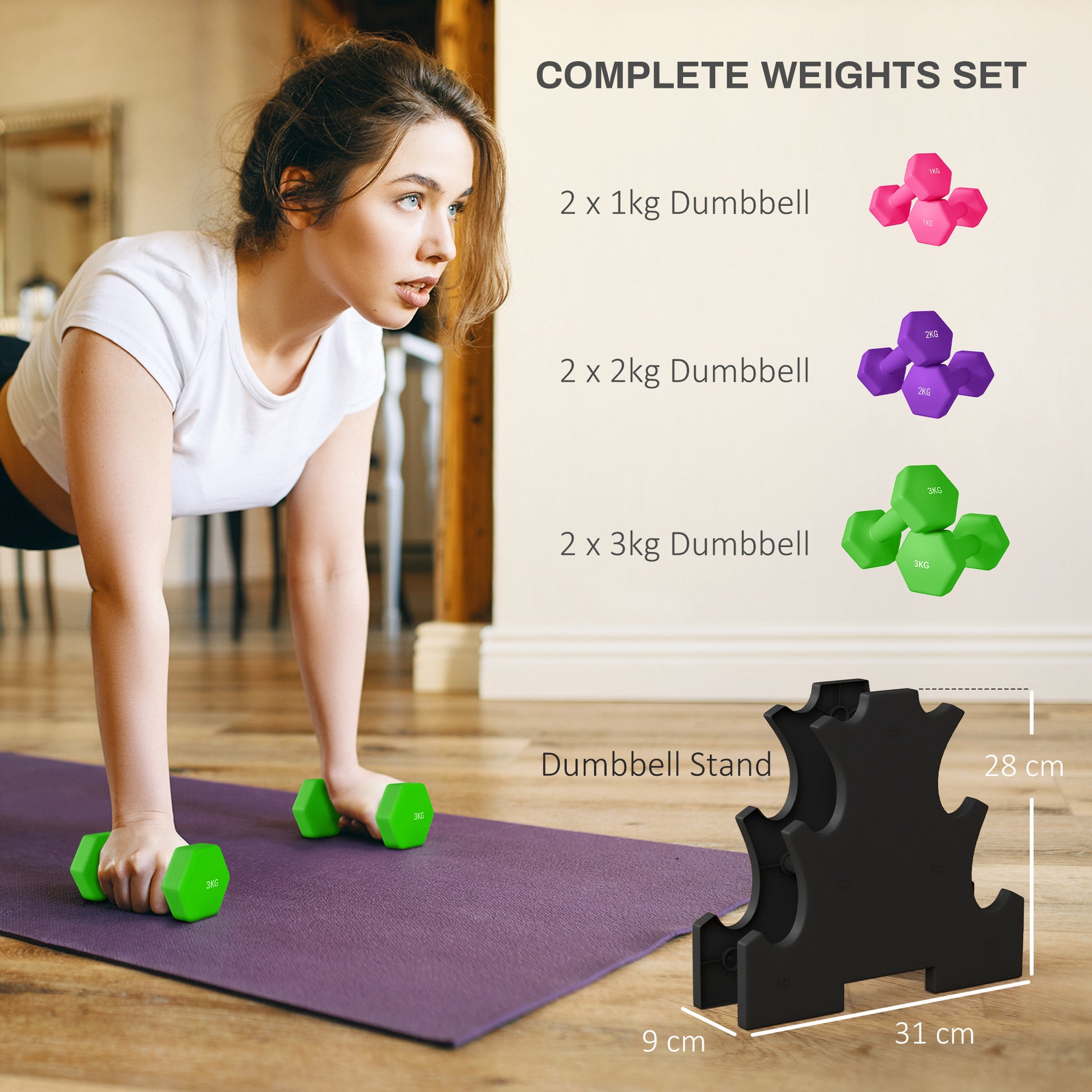 SPORTNOW Adjustable Hand Weights Set with Rack - 1kg, 2kg, and 3kg Dumbbells for Home Gym Fitness - ALL4U RETAILER LTD