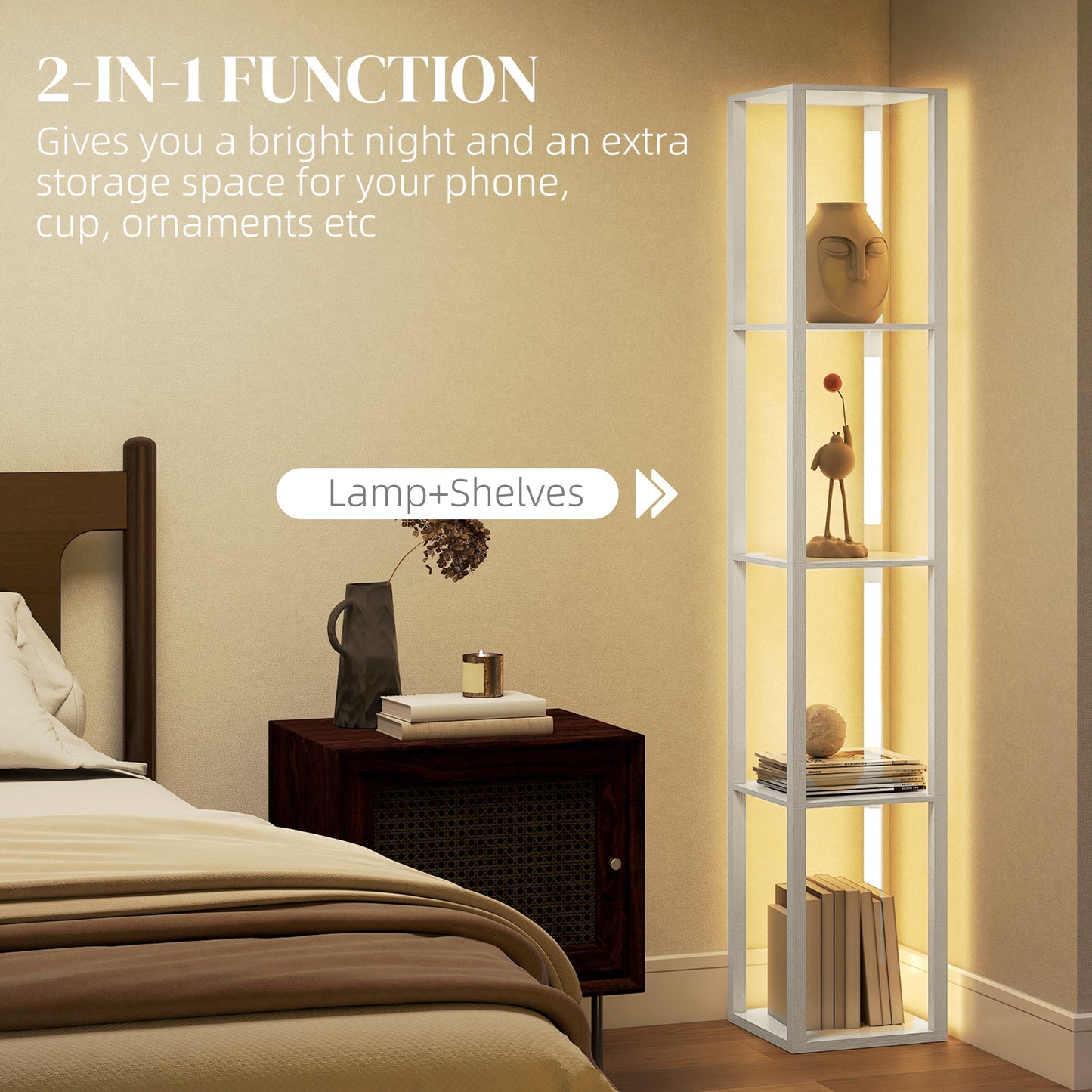 HOMCOM Floor Lamp With Shelves And Three Brightness Levels Warm White LED Light For Living Room