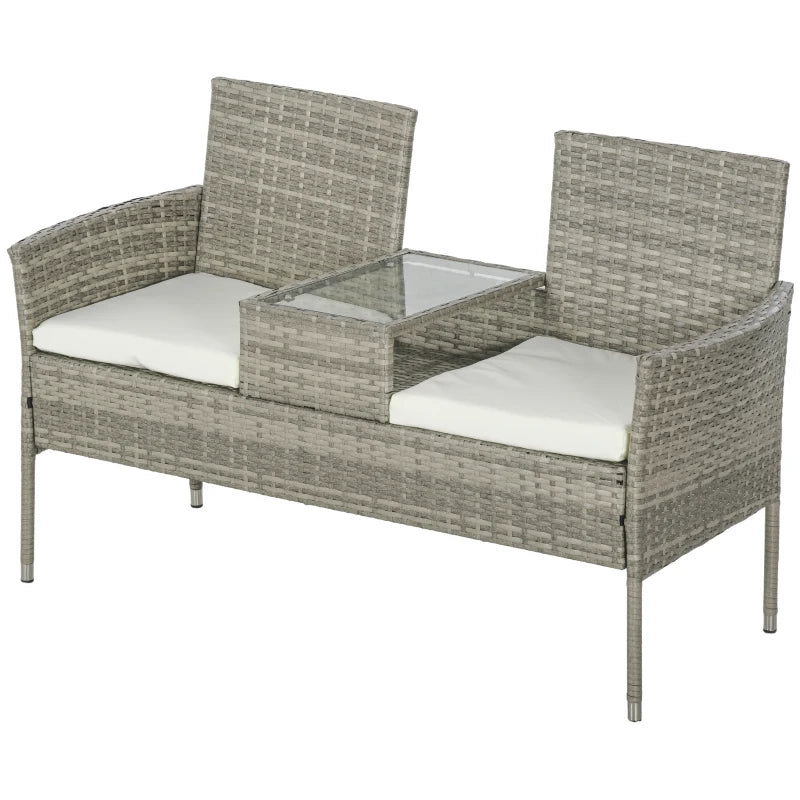 Outsunny Rattan Garden Bench w/ Glass Tea Table, Wicker Chair w/ Cushions, Grey - ALL4U RETAILER LTD