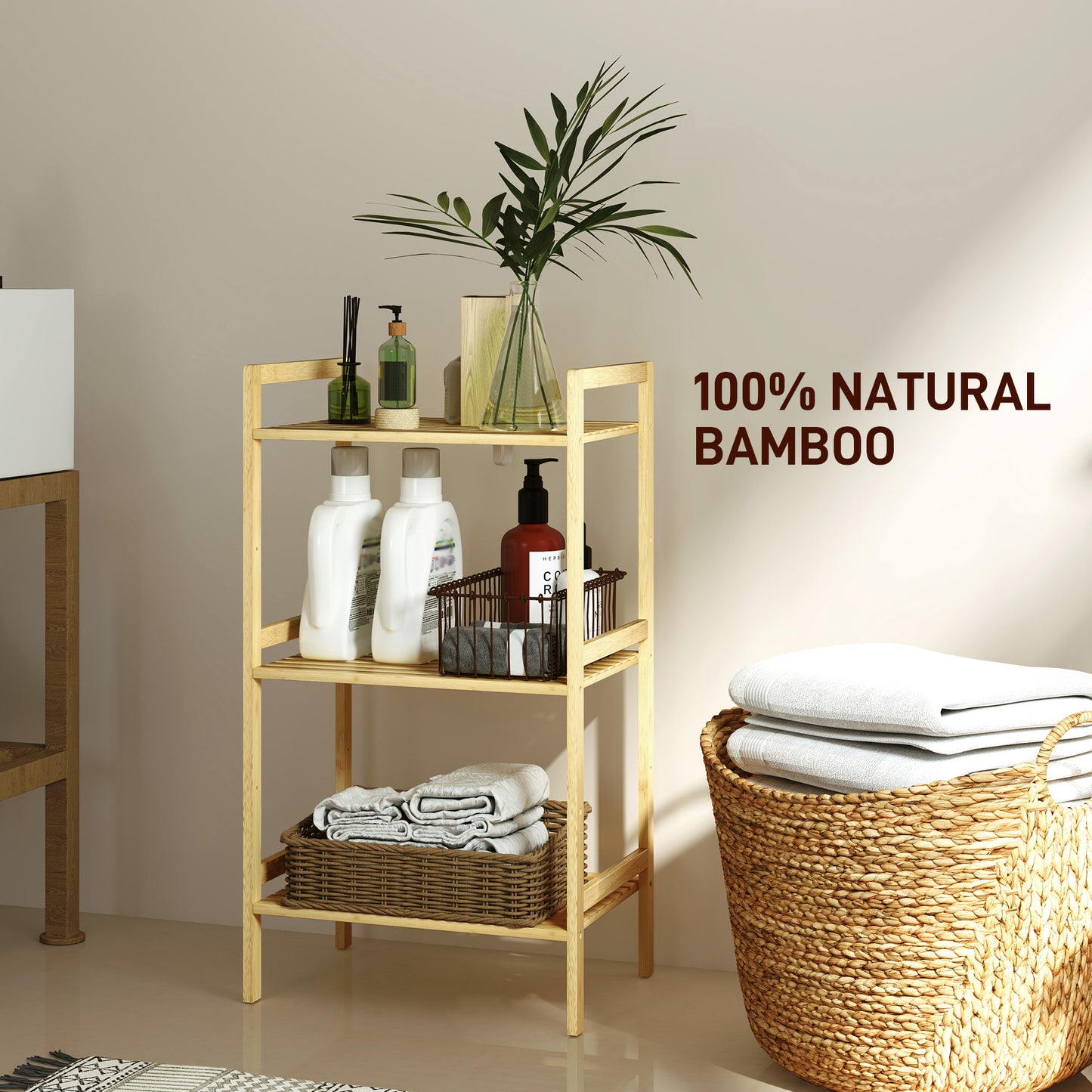 Homcom Three Tier Bamboo Adjustable Shelf Storage Unit Bathroom Moisture Resistant Organizer