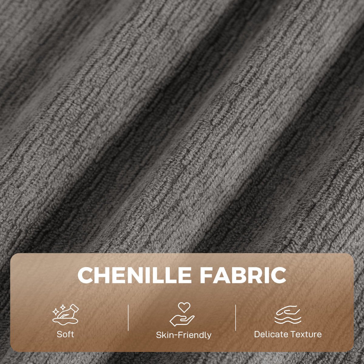 Gray chenille upholstery fabric close-up with dense textured weave