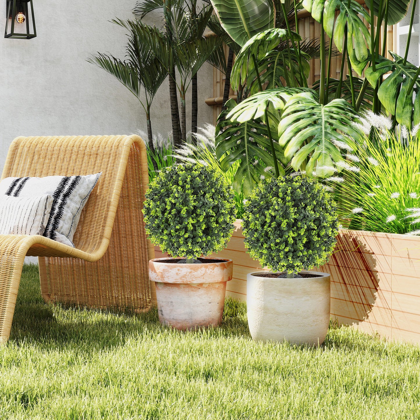 HOMCOM 2 Pack 40 Cm Artificial Boxwood Topiary Balls With Ground Stake Eucalyptus Leaves UV Resistant Indoor Outdoor