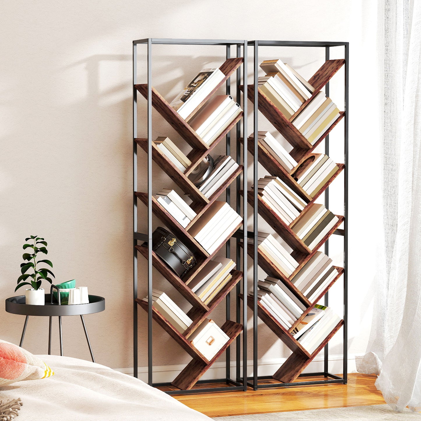 HOMCOM 10 Shelf Industrial Style Tree Bookshelf With Metal Frame Black And Brown