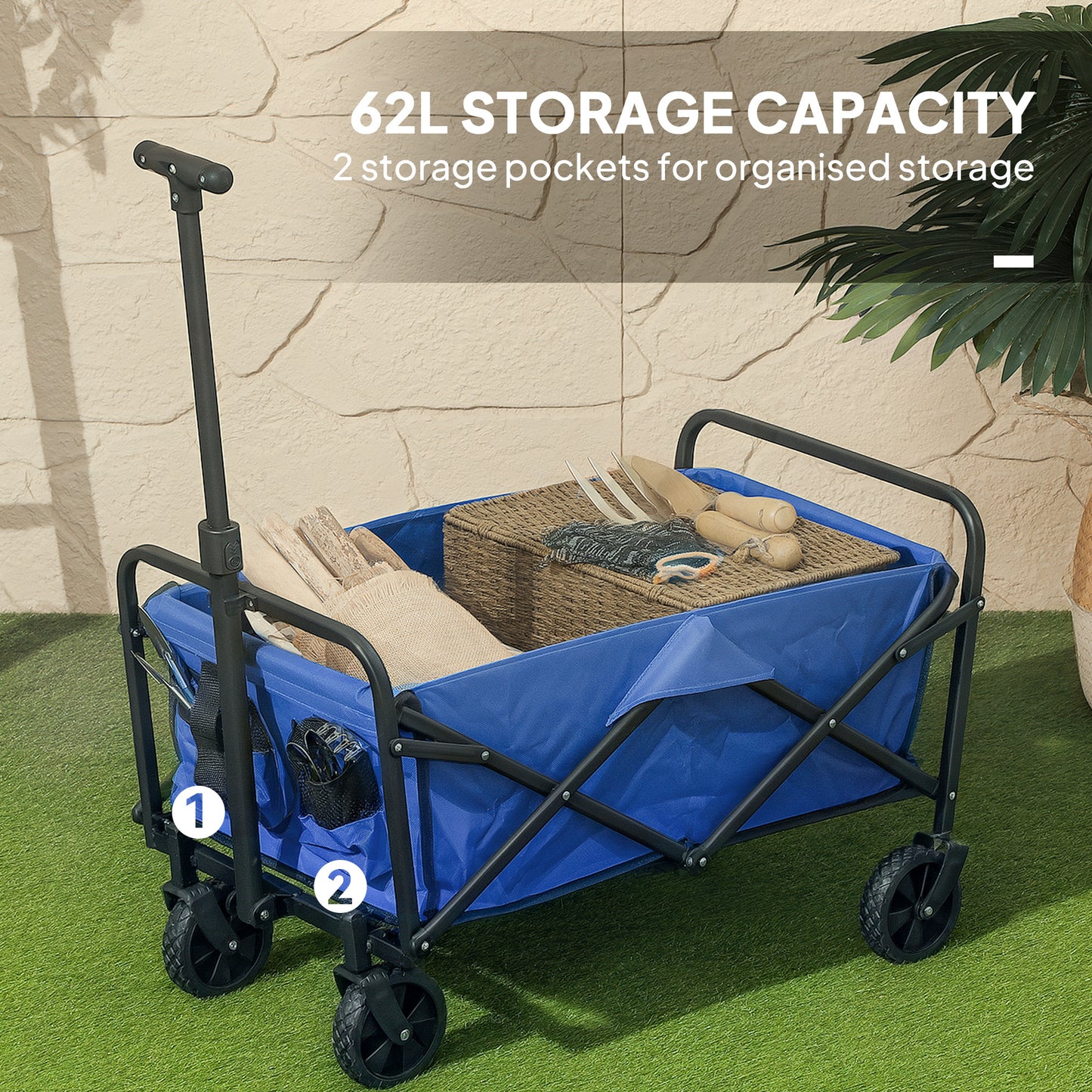 Outsunny 62L Festival Trolley On Wheels With 120Kg Capacity Folding Cart For Beach Camping And Festival Blue