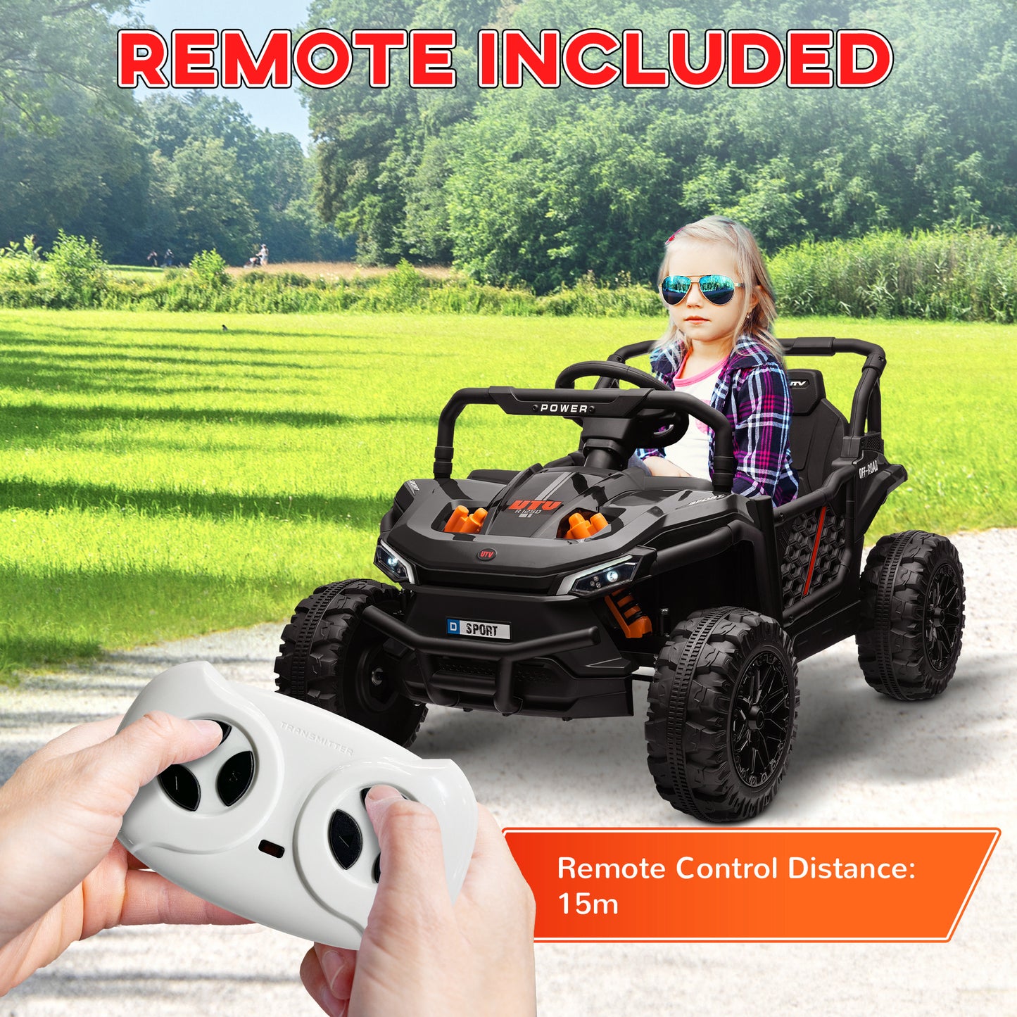 AIYAPLAY 12V Remote-Controlled Electric Ride-On Truck with 4 Suspension Wheels, Music & Lights for Kids Aged 3-5 - Black