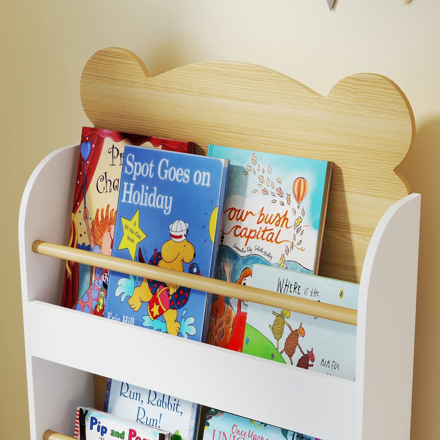 AIYAPLAY Bear Themed Kids Bookshelf 3 Tier White Space Saving Bookcase For Living Room Toddler