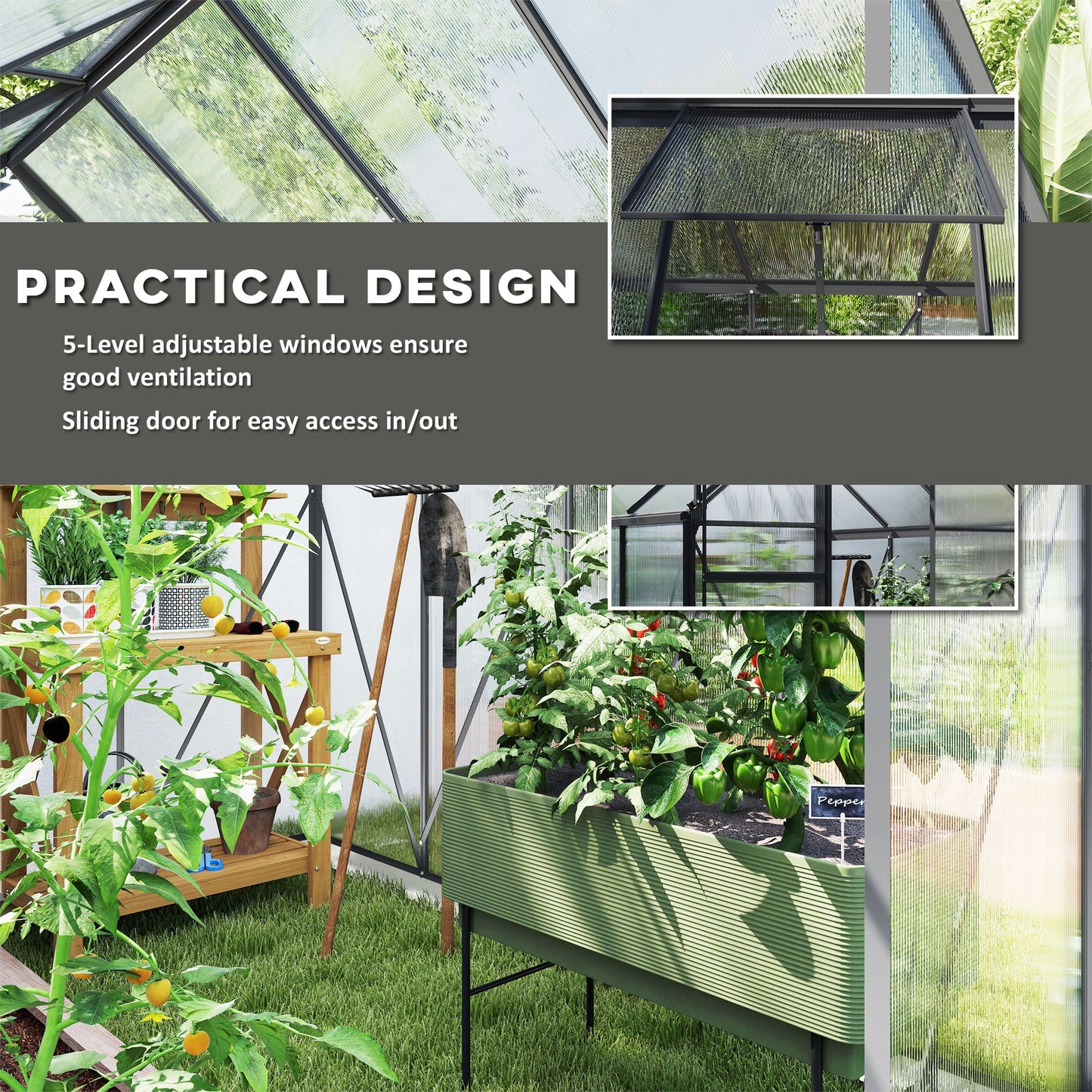 Outsunny 190 x 253 cm Walk In Polycarbonate Greenhouse With Aluminium Frame Dark Grey