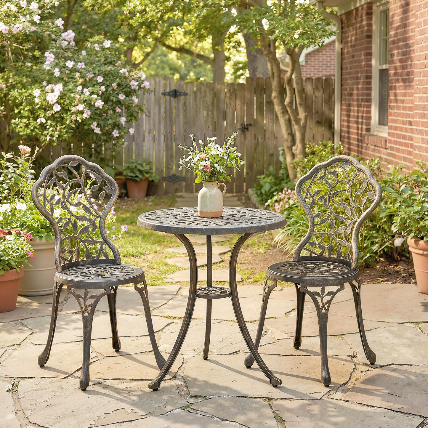 Outsunny 3 Piece Aluminium Bistro Set Outdoor Patio Garden Table and Two Chairs Brown