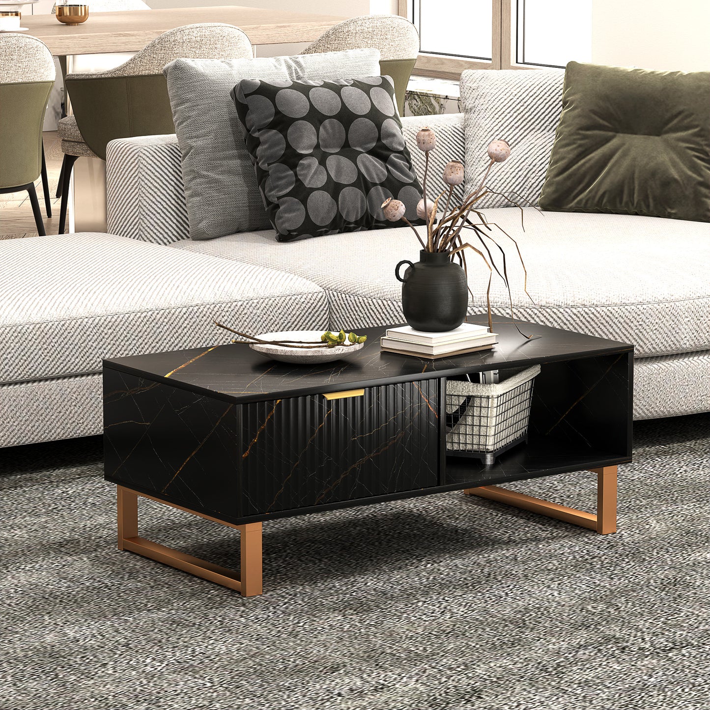 HOMCOM Marble Effect Storage Coffee Table With Drawer And Shelves In Black With Steel Legs