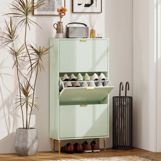 HOMCOM Elegant Three Drawer Shoe Cabinet Light Green With Ridged Front Doors And Gold Tone Details
