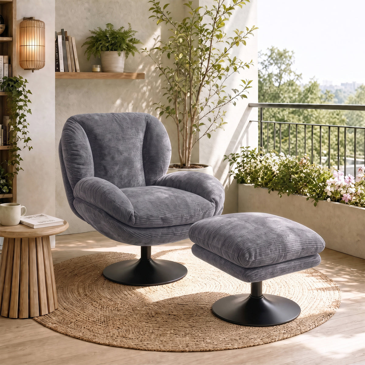 HOMCOM 360 Degree Chenille Swivel Accent Chair With Ottoman for Living Room Dark Grey
