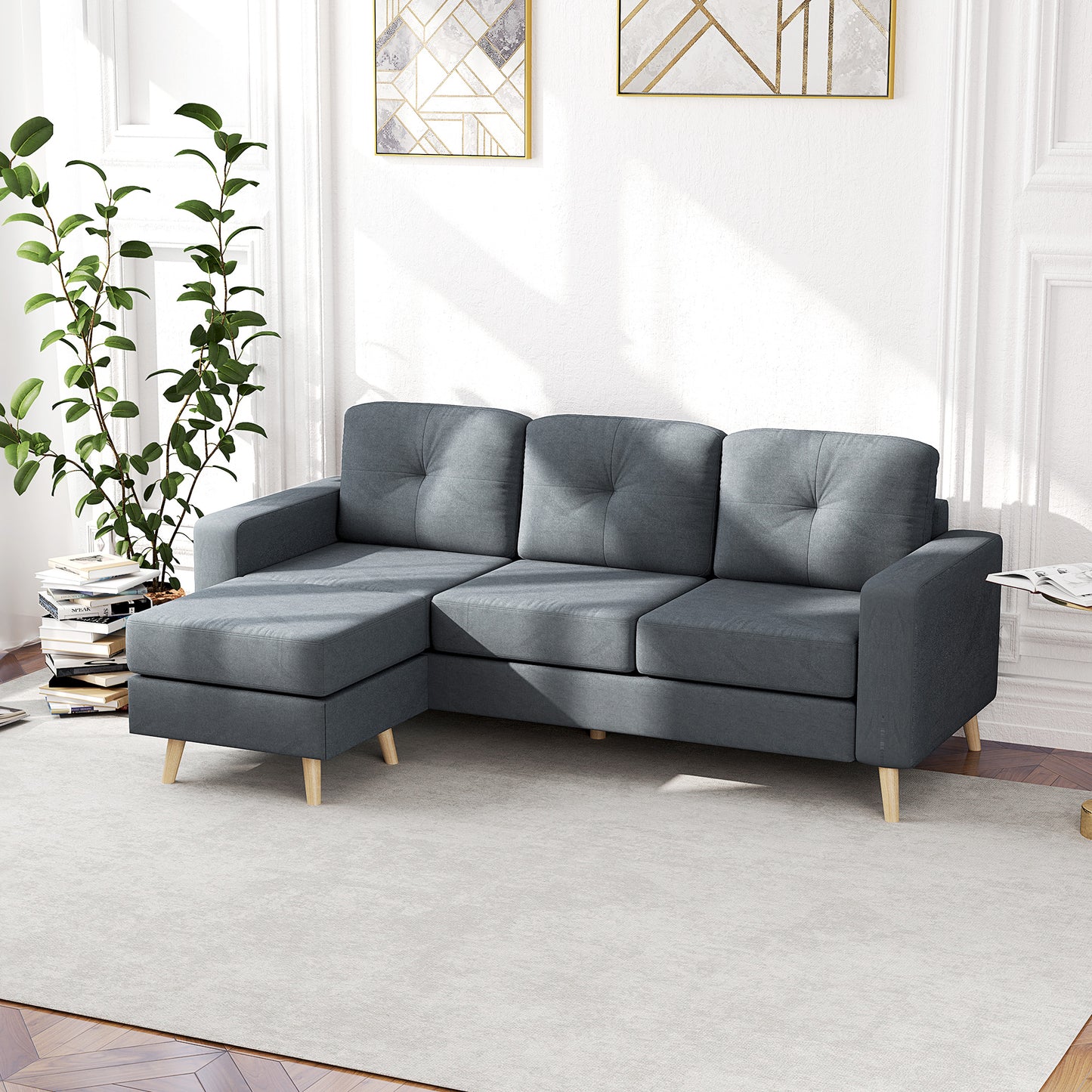 HOMCOM Three Seater Fabric L Shaped Sofa With Footstool And Wood Legs For Small Space Living Room Office Dark Grey