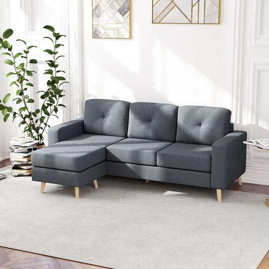 HOMCOM Three Seater Fabric L Shaped Sofa With Footstool And Wood Legs For Small Space Living Room Office Dark Grey