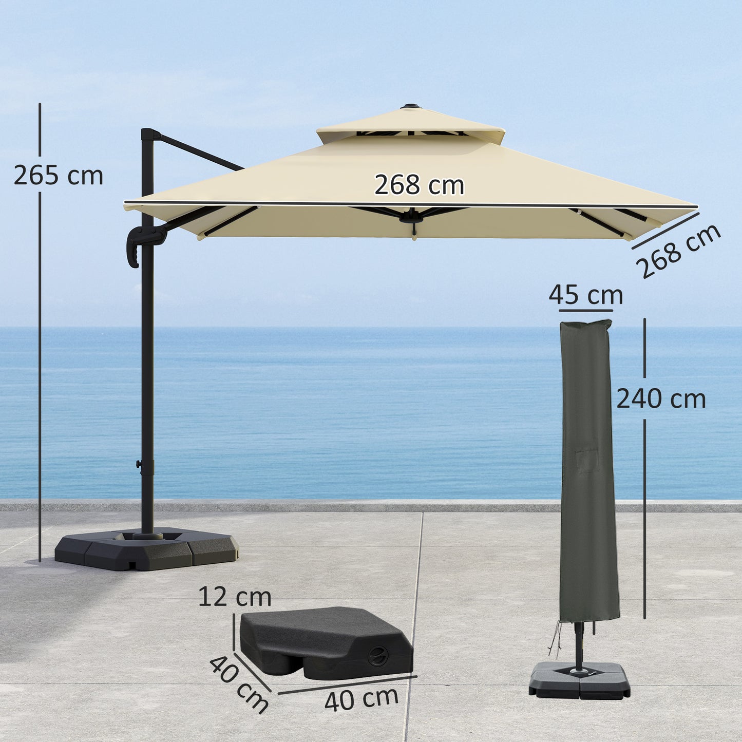 Outsunny 2.7m Cantilever Parasol Aluminium Frame Crank Tilt 360 Rotation Garden Umbrella With Base And Cover Khaki