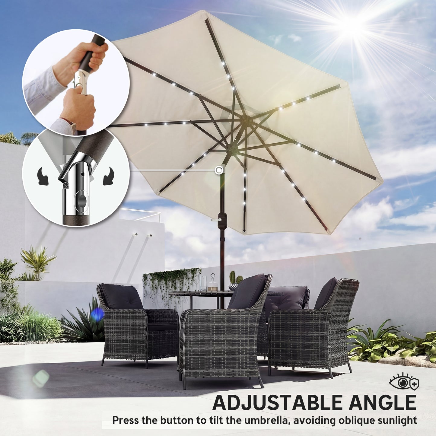 Outsunny 2.6 m Garden Parasol Umbrella With LED Solar Lights Cream White Canopy Includes Parasol Cover