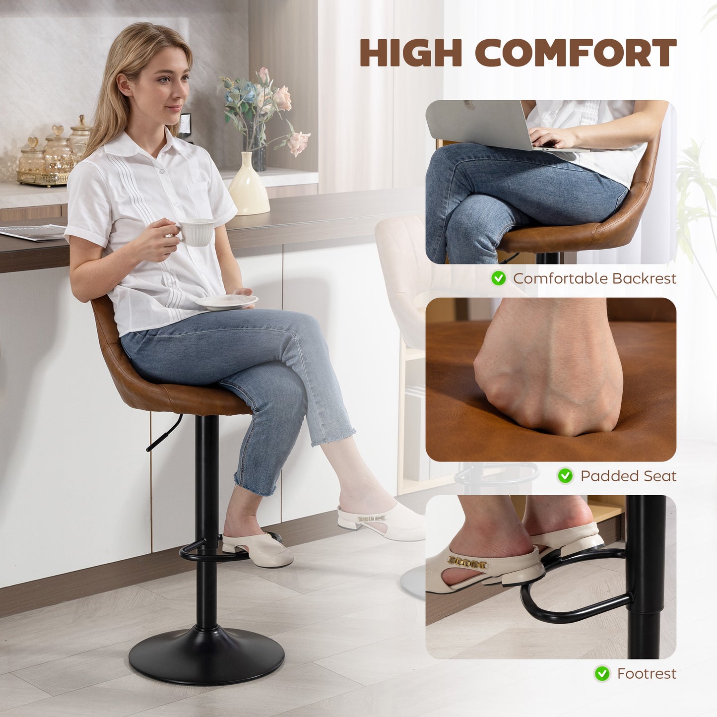 HOMCOM Set Of 2 Bar Stools With Backrest And Footrest PU Leather Swivel Kitchen Counter Stools Brown