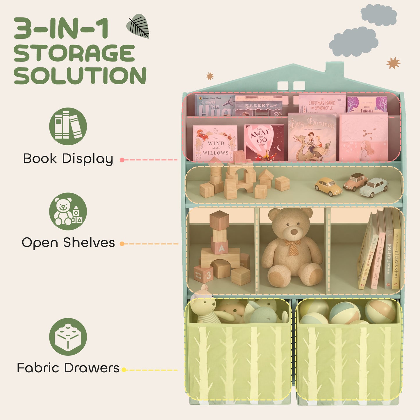 AIYAPLAY Kids Bookshelf with Storage and Fabric Drawers for Playroom and Nursery Green Book Display Unit