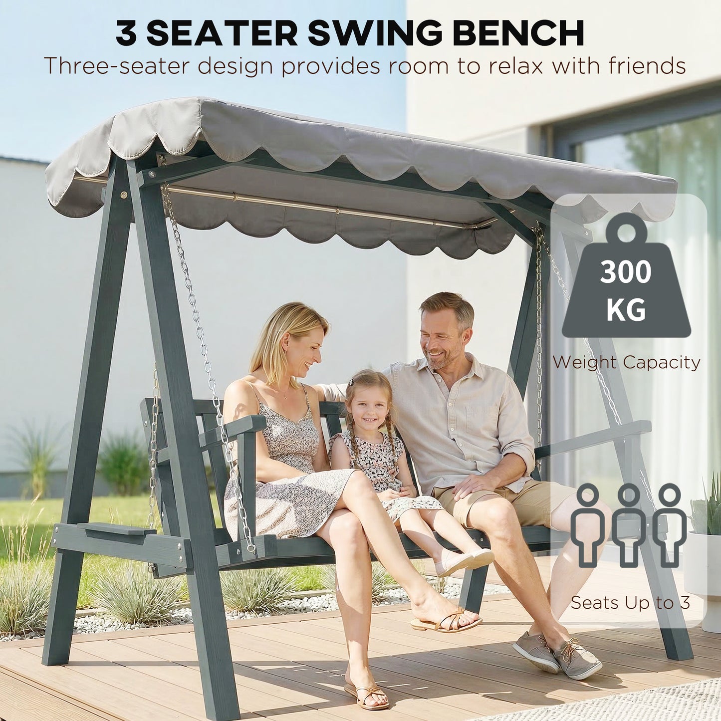 Outsunny 3 Seater Garden Swing Chair with Canopy Outdoor Wooden Swing Seat for Balcony Patio Porch Grey