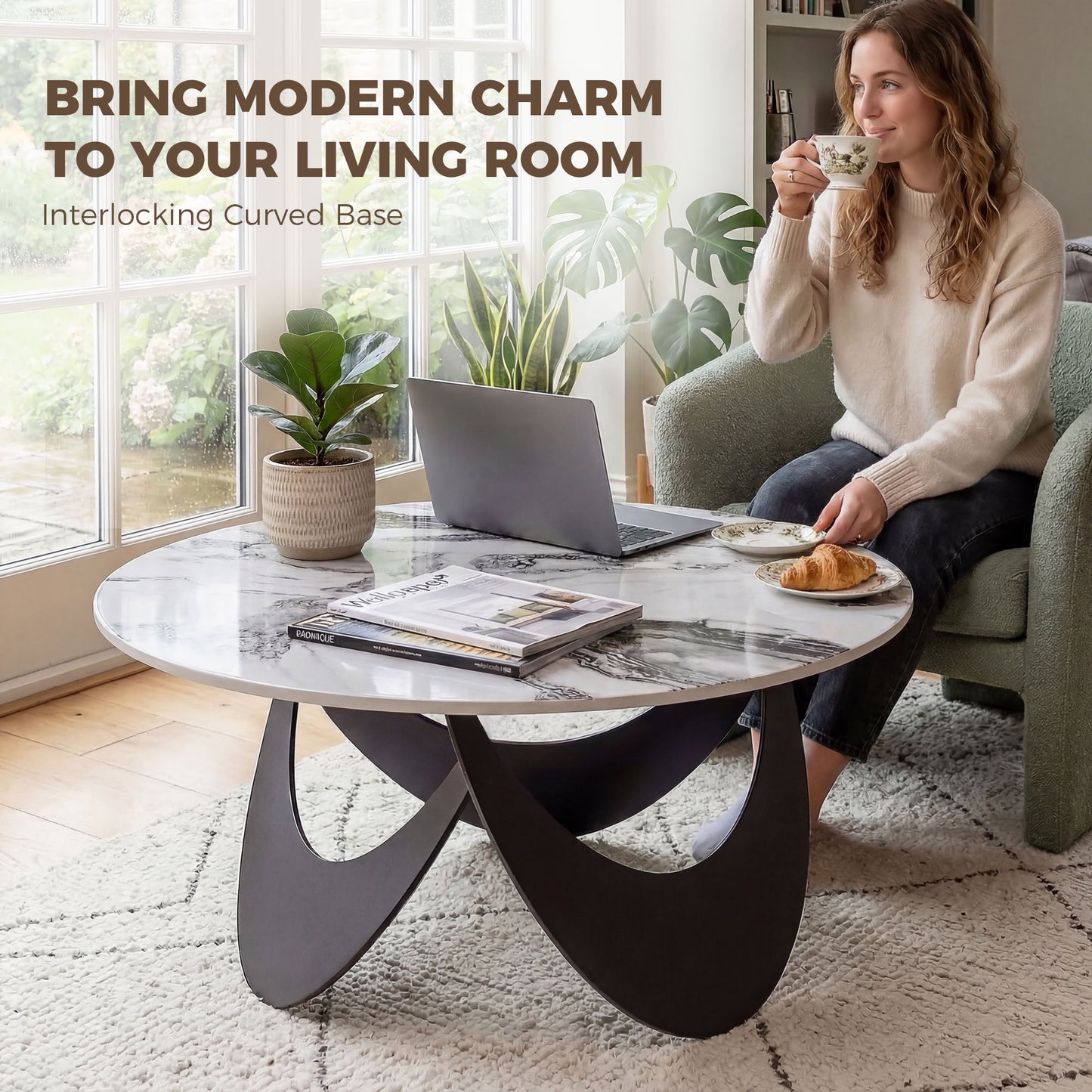 HOMCOM Sintered Stone Coffee Table With Adjustable Foot Pads Modern Centre Table For Living Room White And Black