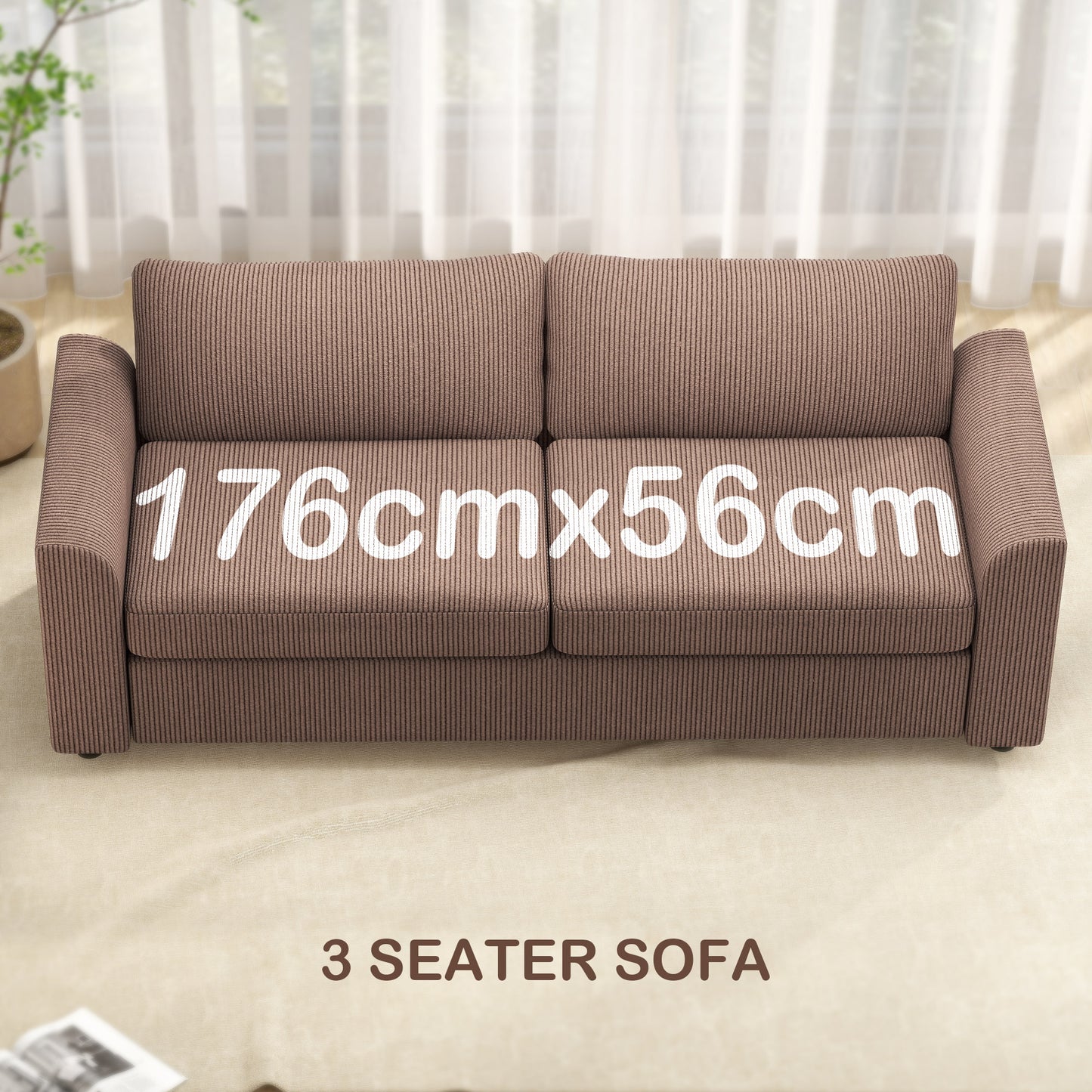 HOMCOM Modern 3 Seater Sofa With Spring Cushion 212 cm Fabric Jumbo Corduroy Couch With Scatter Cushions For Living Room