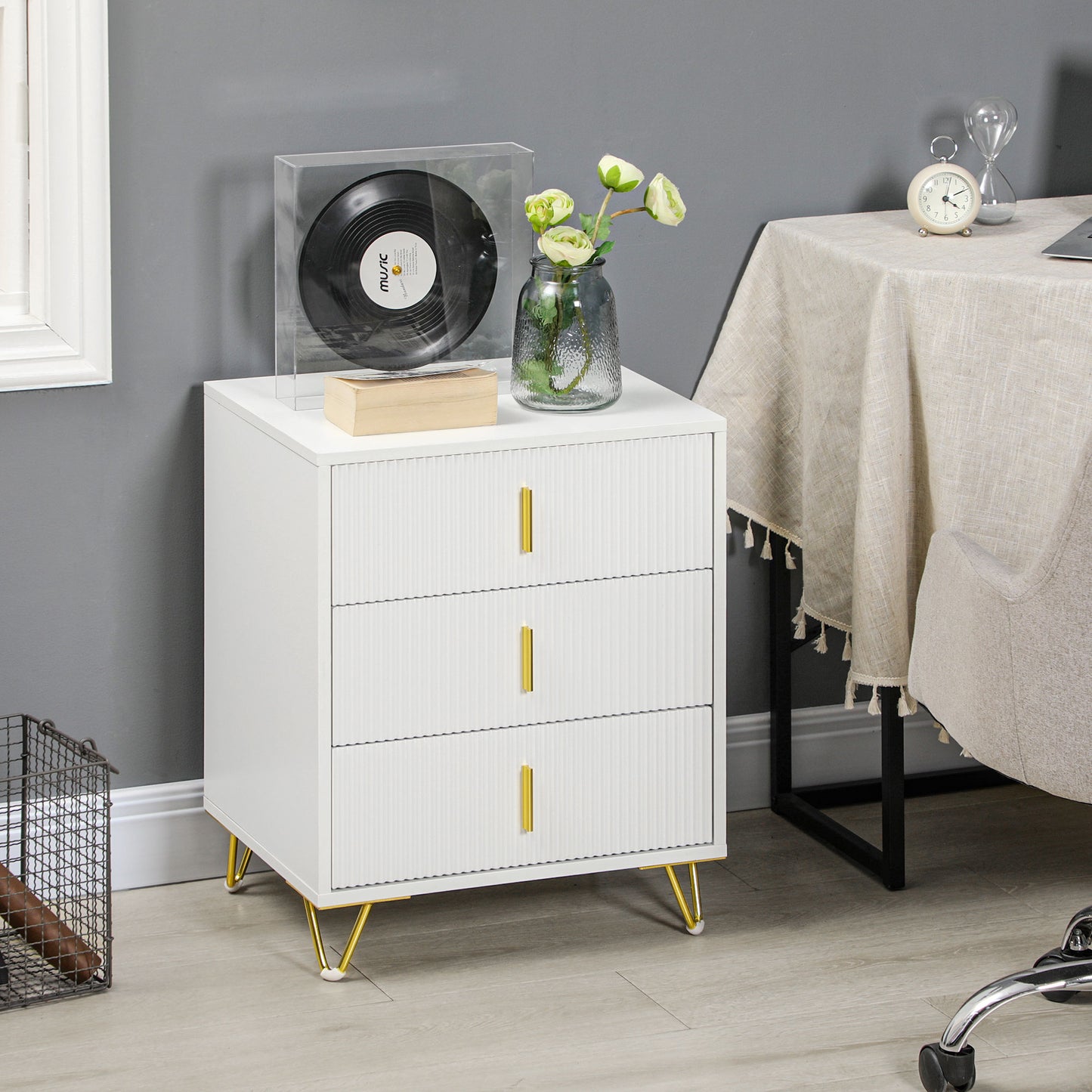 HOMCOM Set Of 2 Elegant Chest Of Drawers White And Gold Tone Ridged Fronts Hairpin Legs