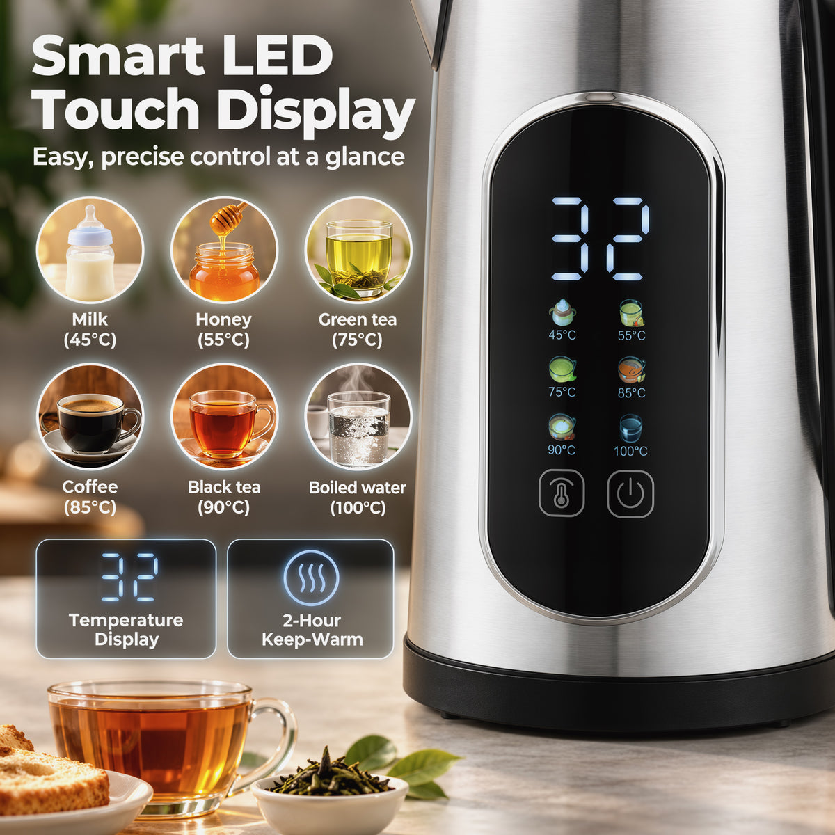 Electric kettle with stainless-steel body and LED touch temperature display with presets