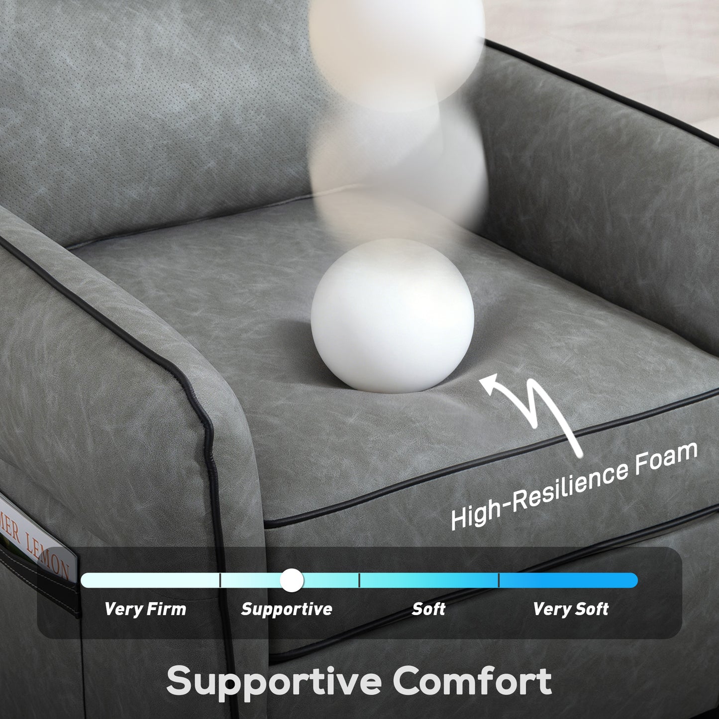 HOMCOM Accent Chair Faux Leather Armchair Grey with Black Piping Thick Foam Padding and S Springs Support
