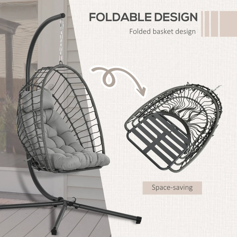 Outsunny Outdoor PE Rattan Swing Chair with Cushion, Garden Foldable Basket Patio Hanging Egg Chair with Metal Stand and Headrest, for Indoor and Outdoor Use - Light Grey - ALL4U RETAILER LTD