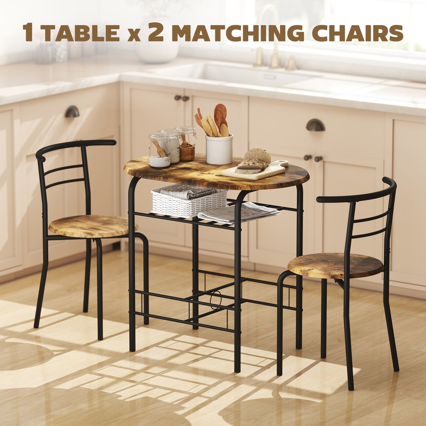HOMCOM Three Piece Compact Dining Set With Two Chairs And Table In Rustic Brown Metal Frame And MDF Tops Space Saving