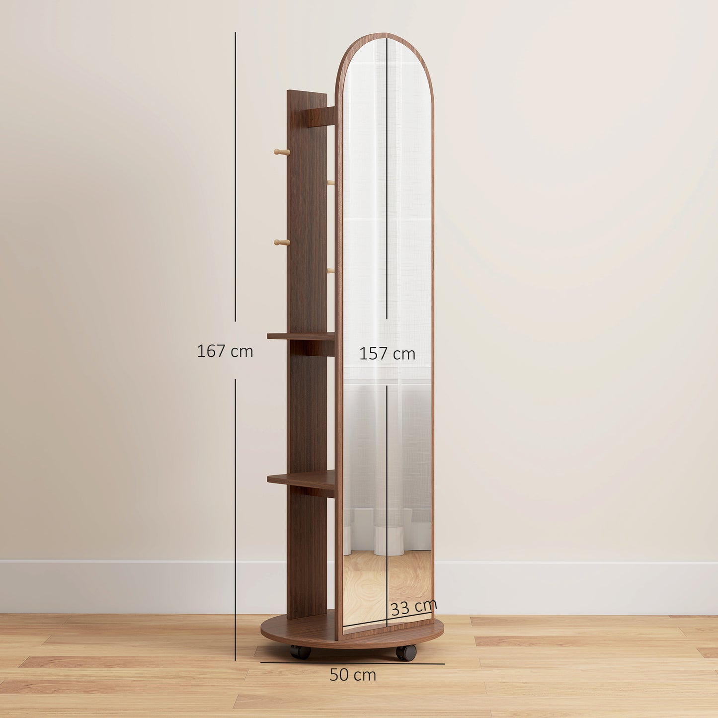 HOMCOM 2 In 1 Full Length Mirror With Storage Shelves Floor Mirror With 4 Wheels Coat Rack And Hooks Brown Wood Effect