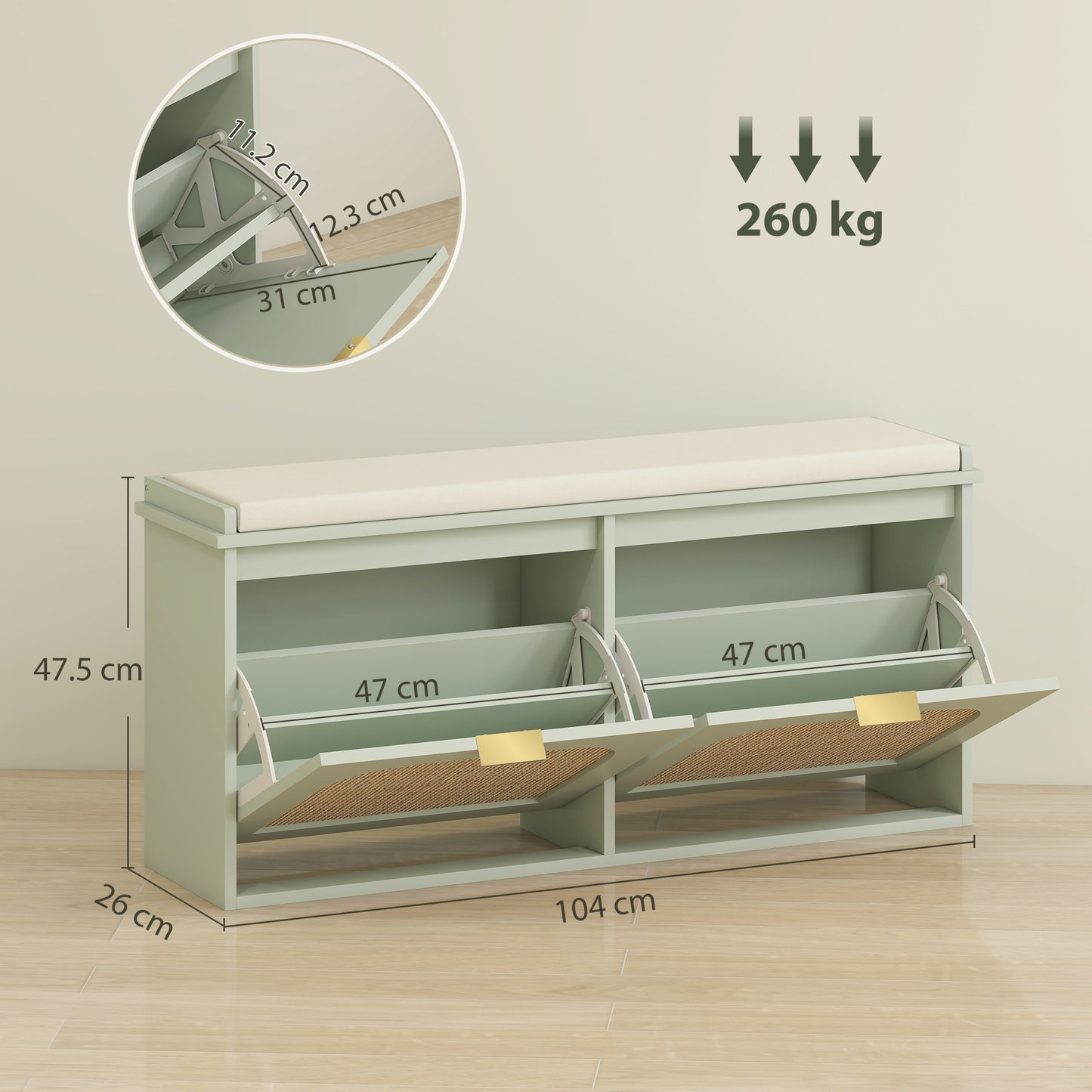 HOMCOM Boho Shoe Bench With Padded Seat And Two Flip Drawers For Entryway Organization In Light Green