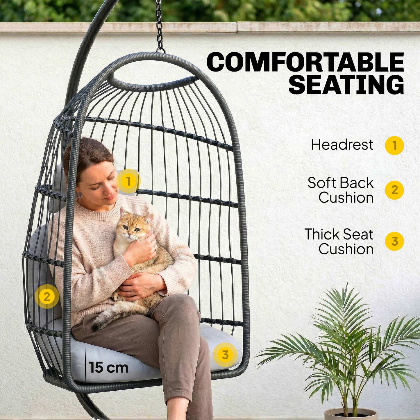 Outsunny Hanging Egg Chair With Stand, Indoor Outdoor Swing Chair With Cushion, Adjustable Height, Safety Strap, Grey